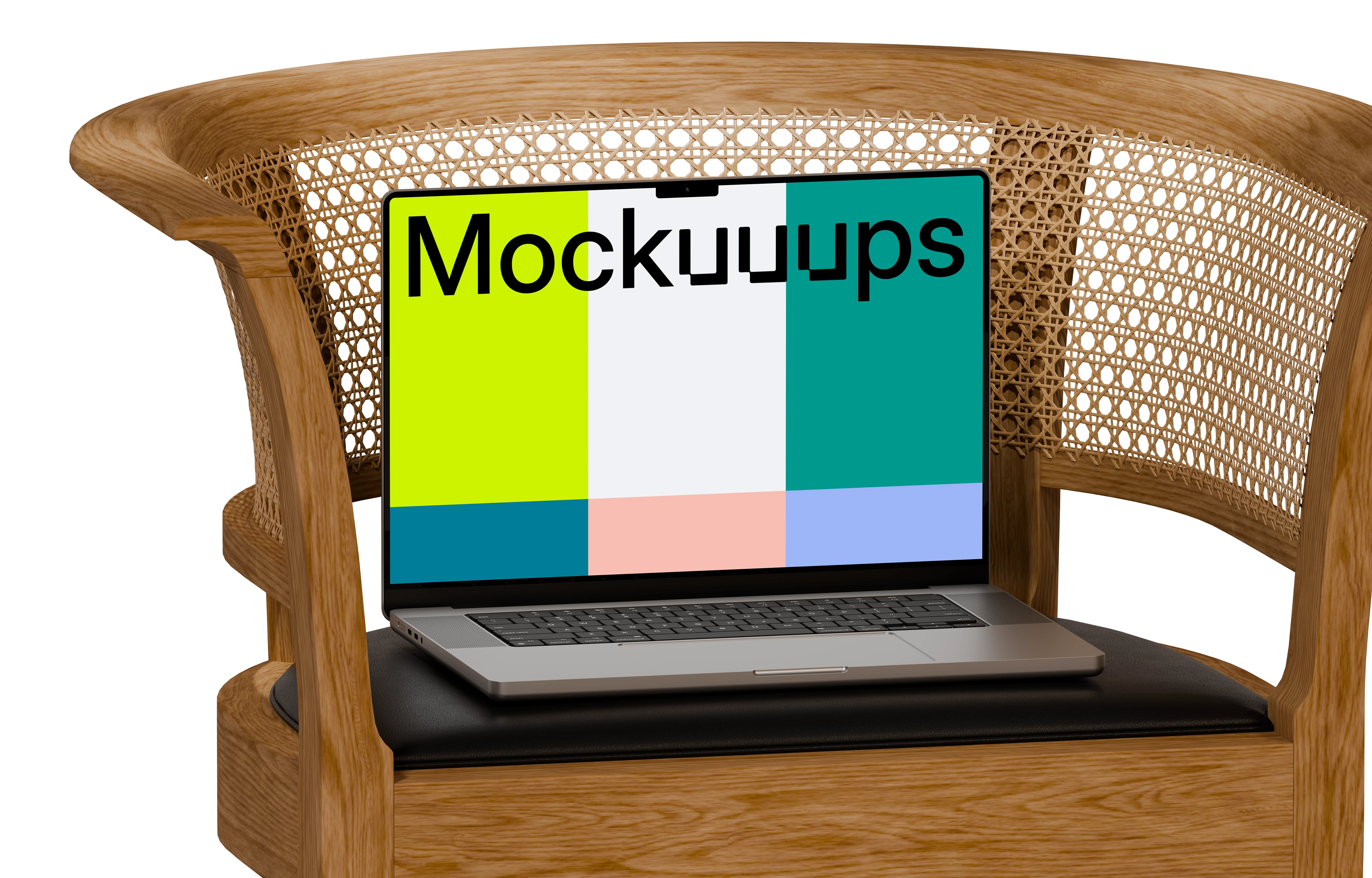 MacBook Pro mockup on a woven wooden chair