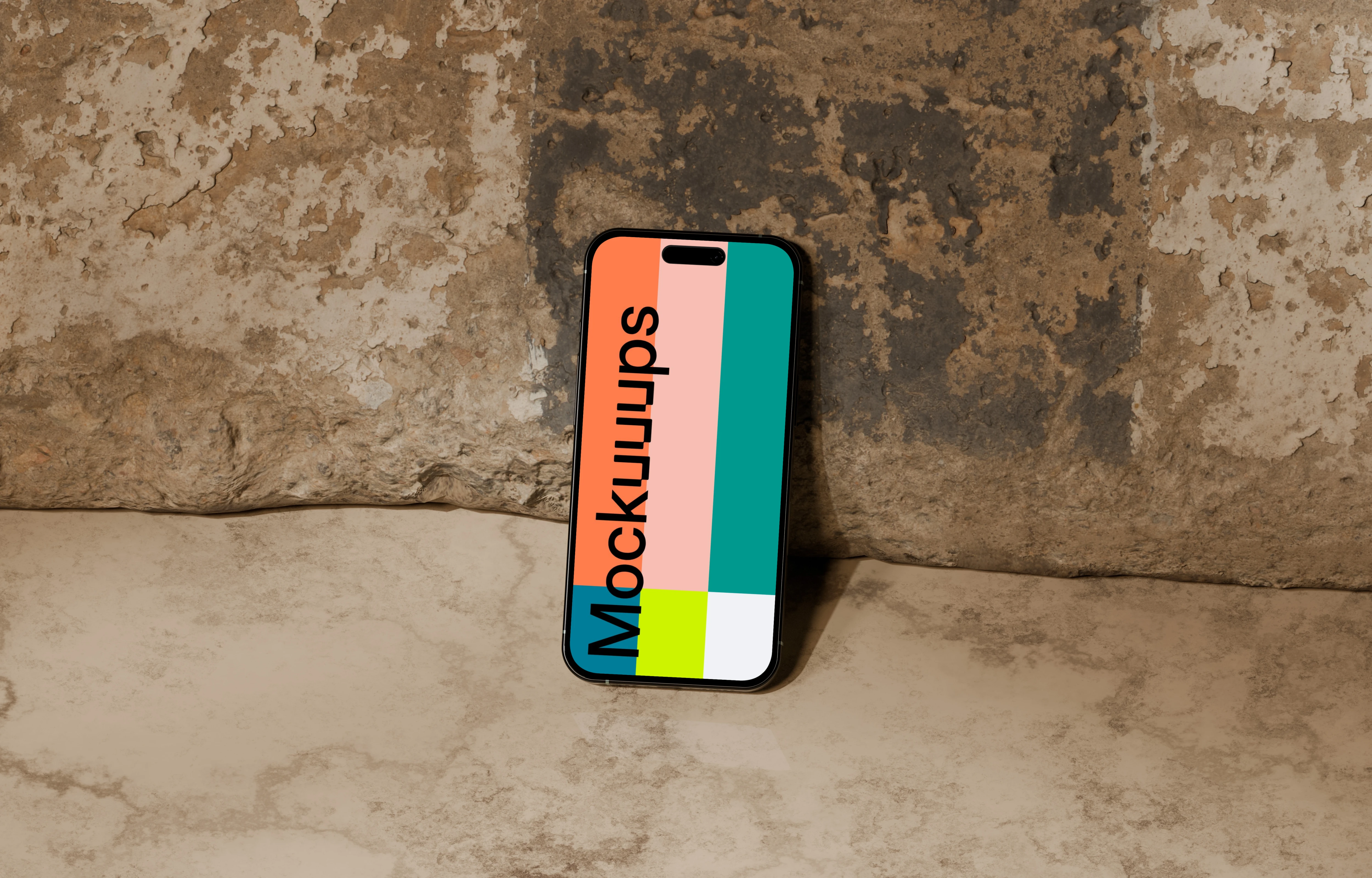 iPhone 16 mockup against rugged stone wall
