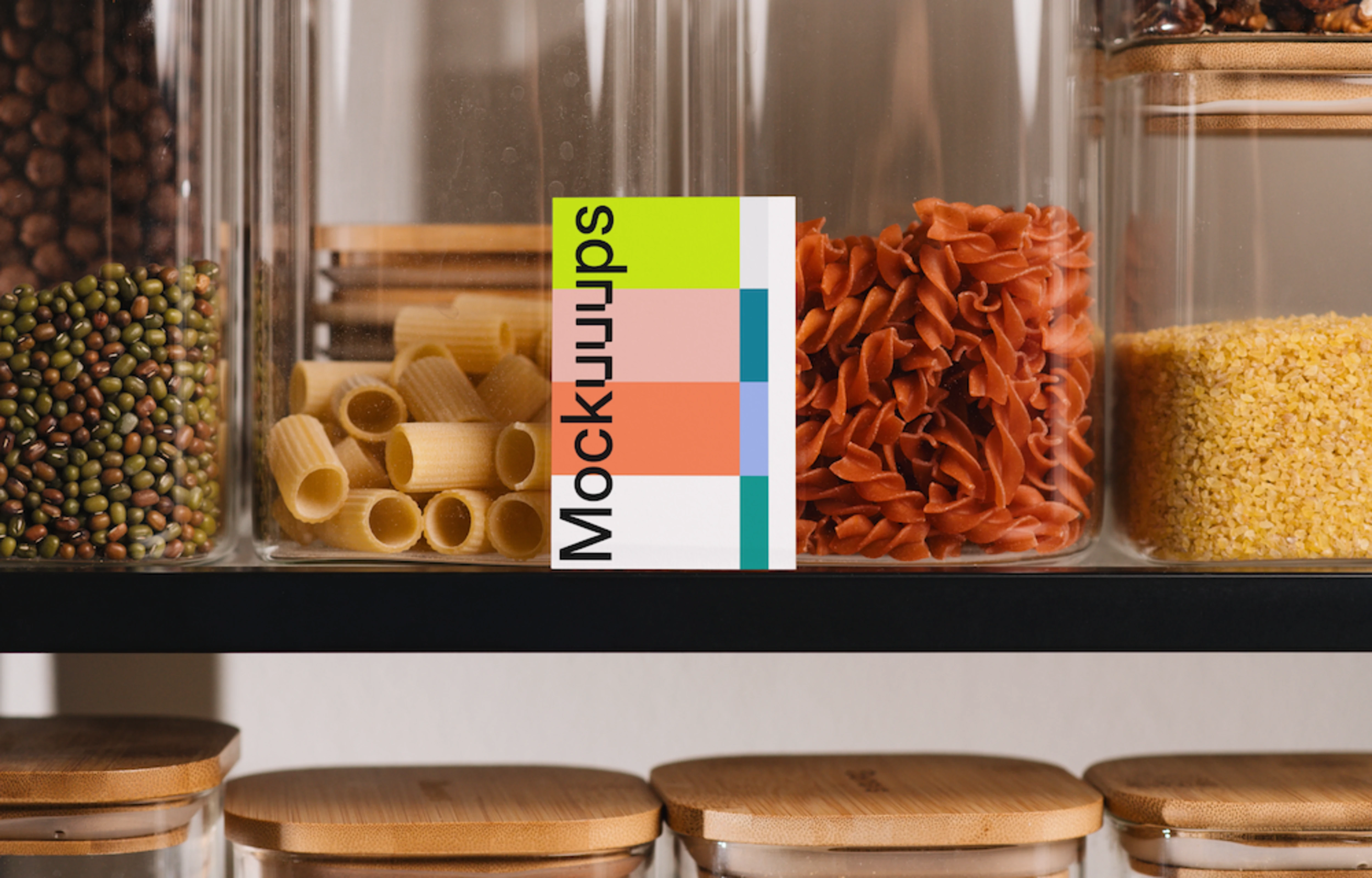 Business card mockup among pantry jars