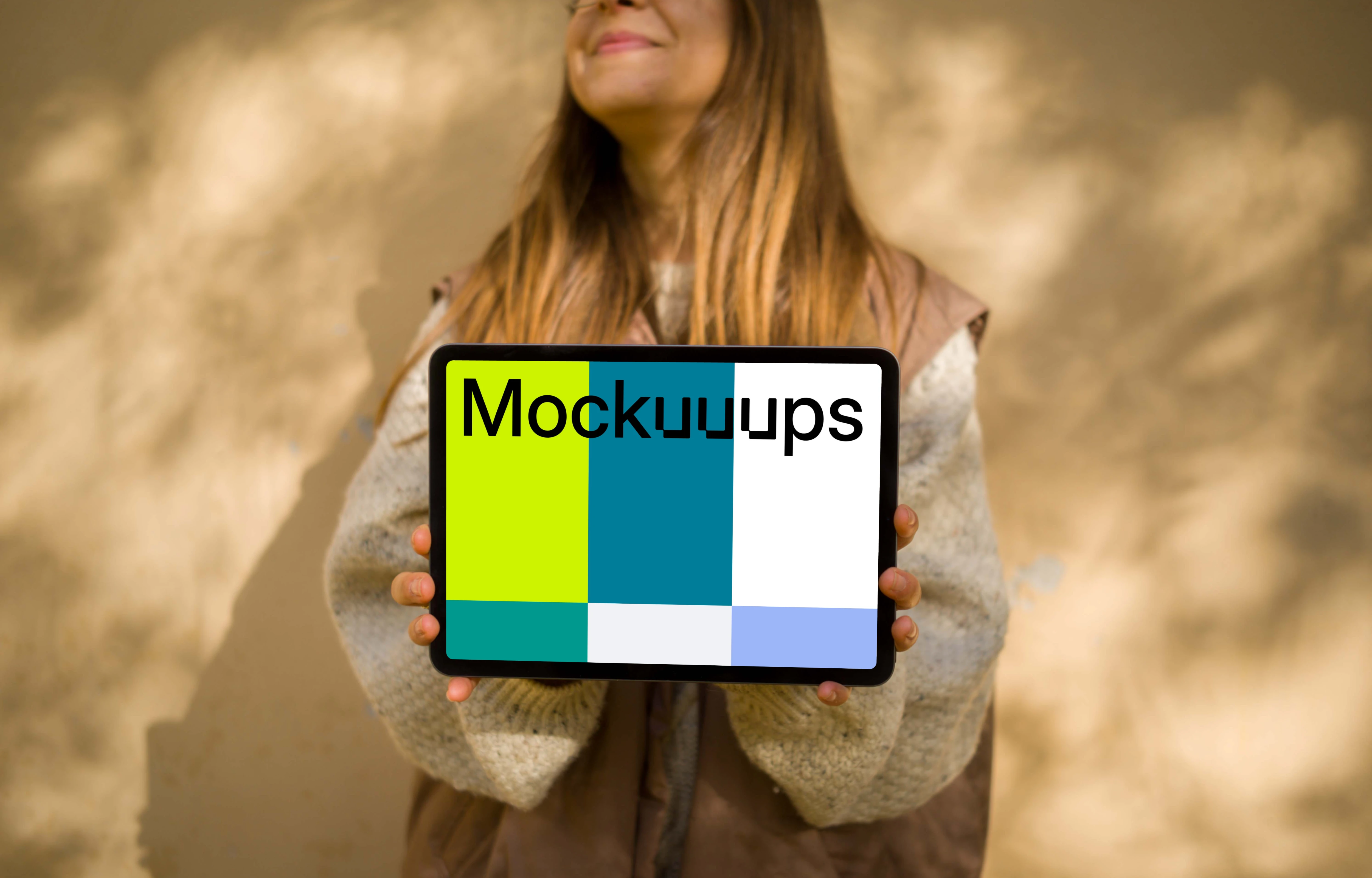 Female in an autumn vest holding an iPad Air mockup