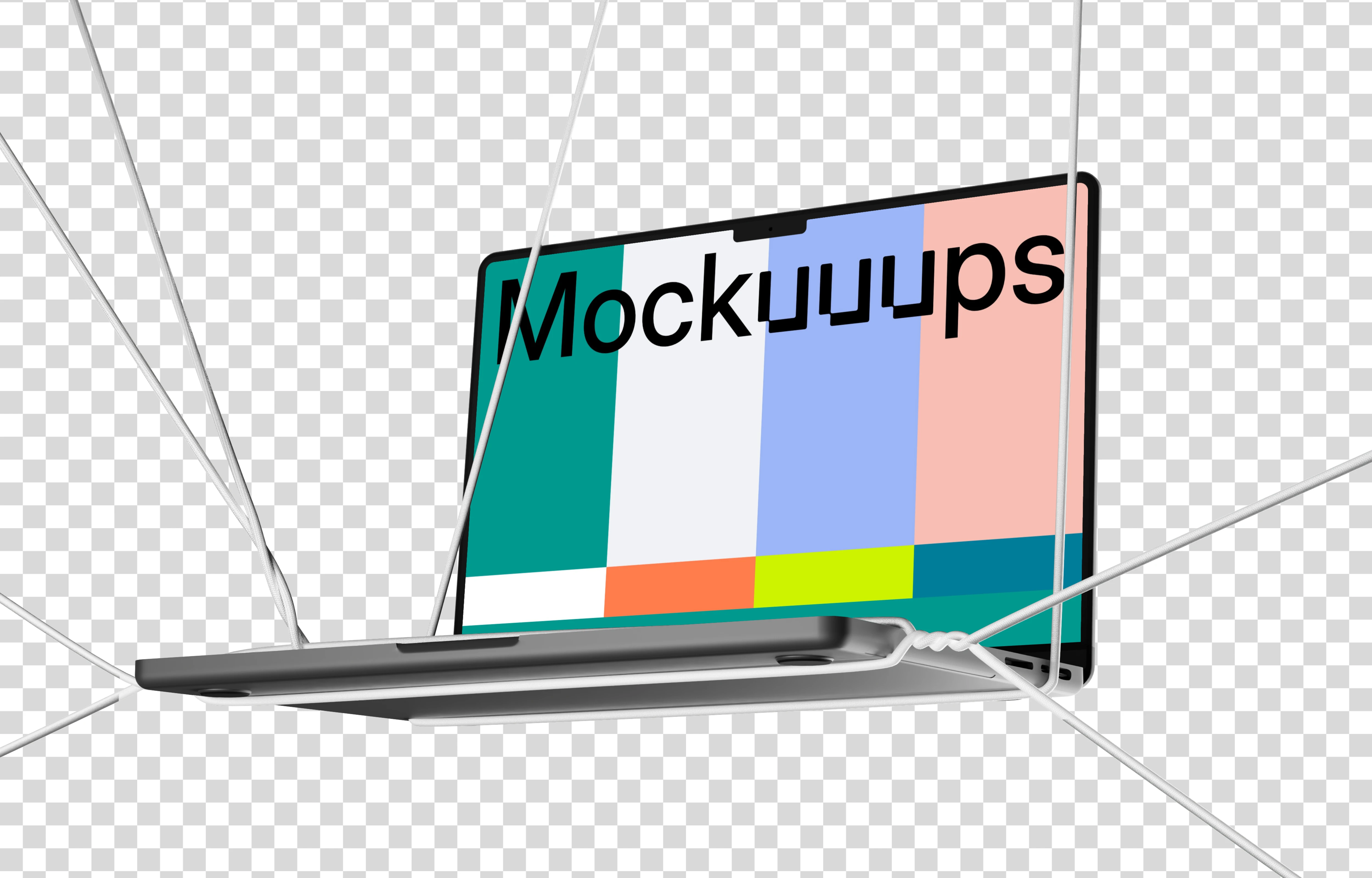 Floating MacBook Pro 14 inch mockup held by ropes on transparent background