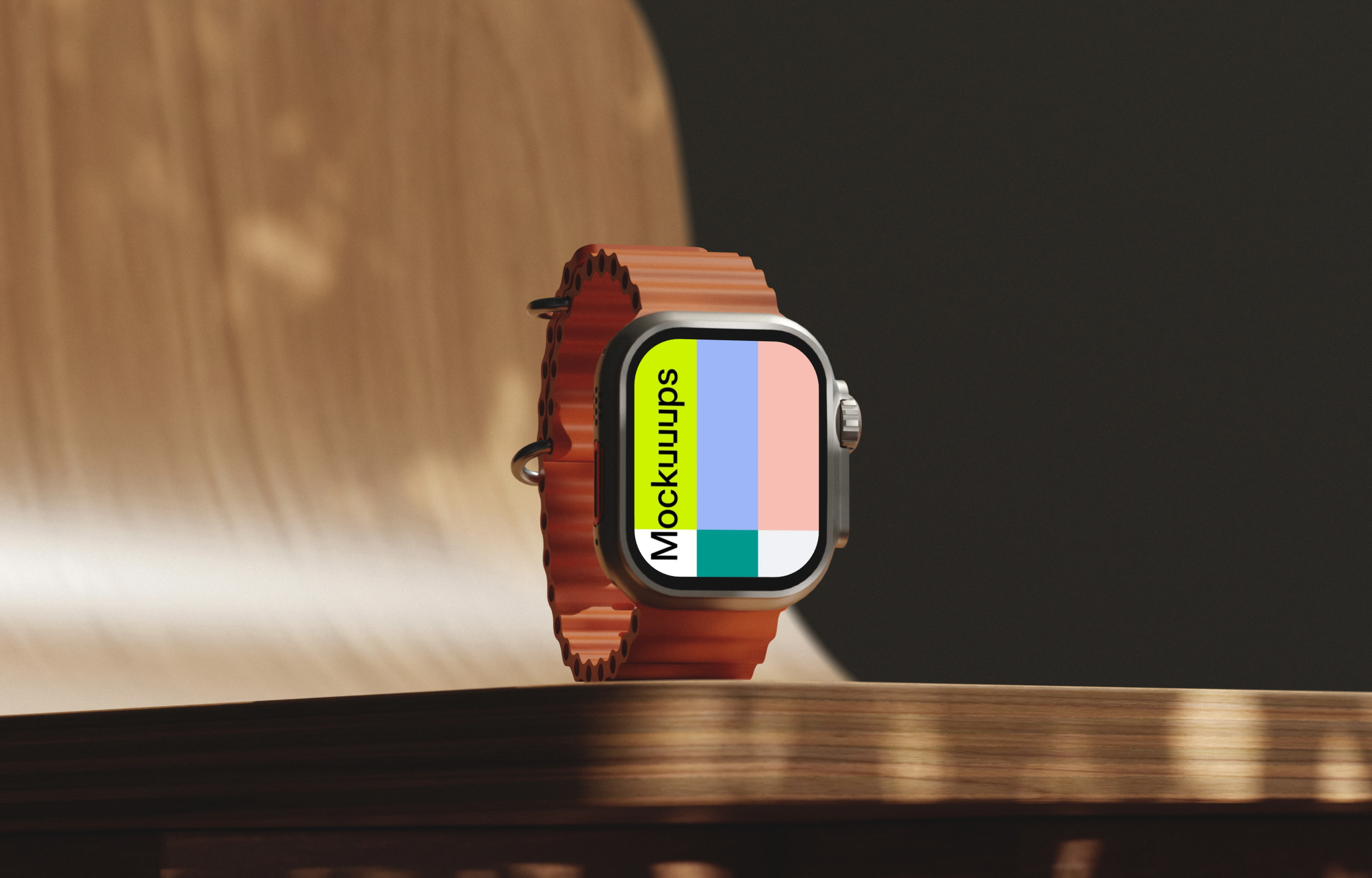 Free Apple Watch Ultra mockup on a wooden table