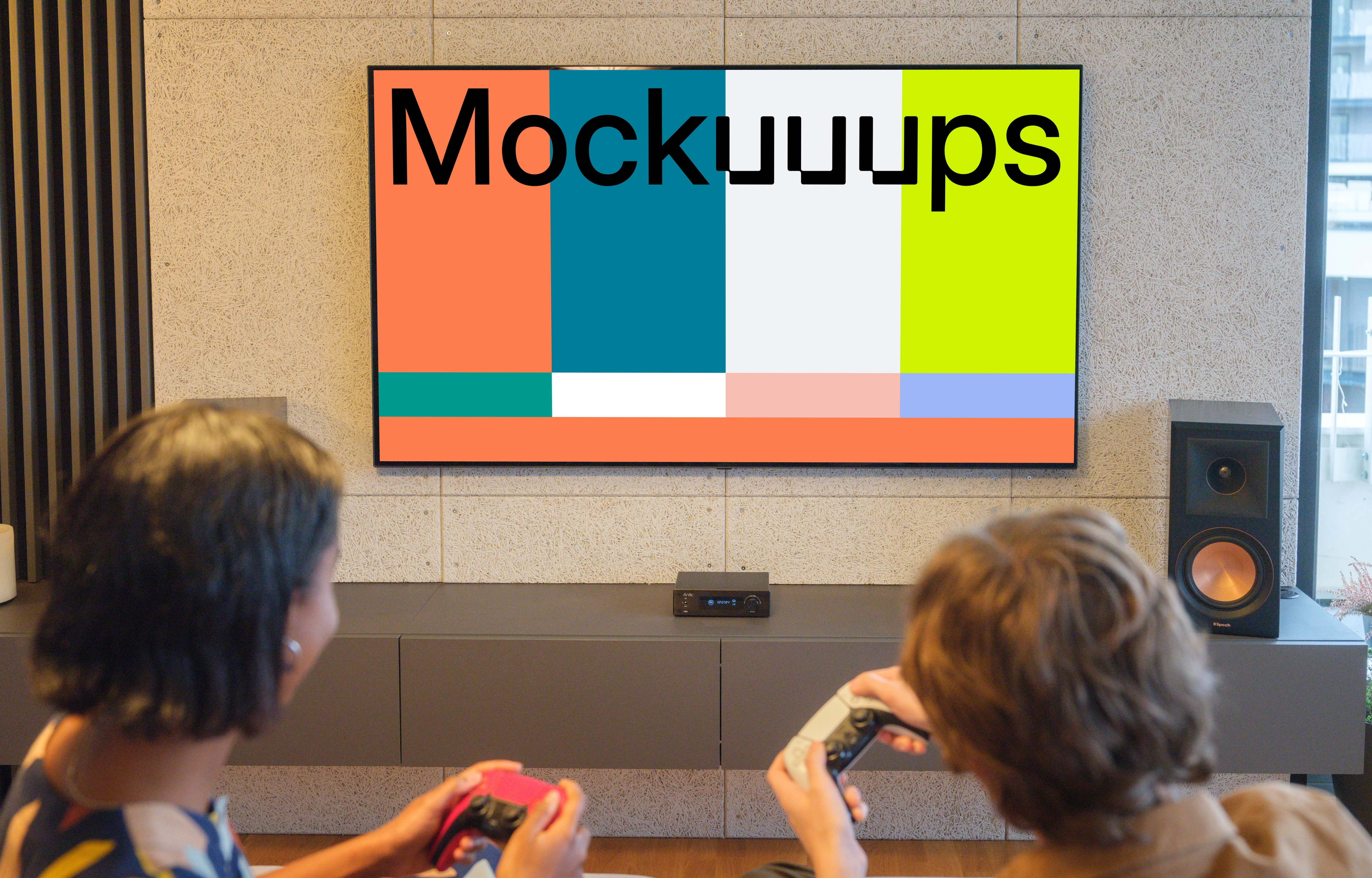 Gaming television mockup with players in modern living room