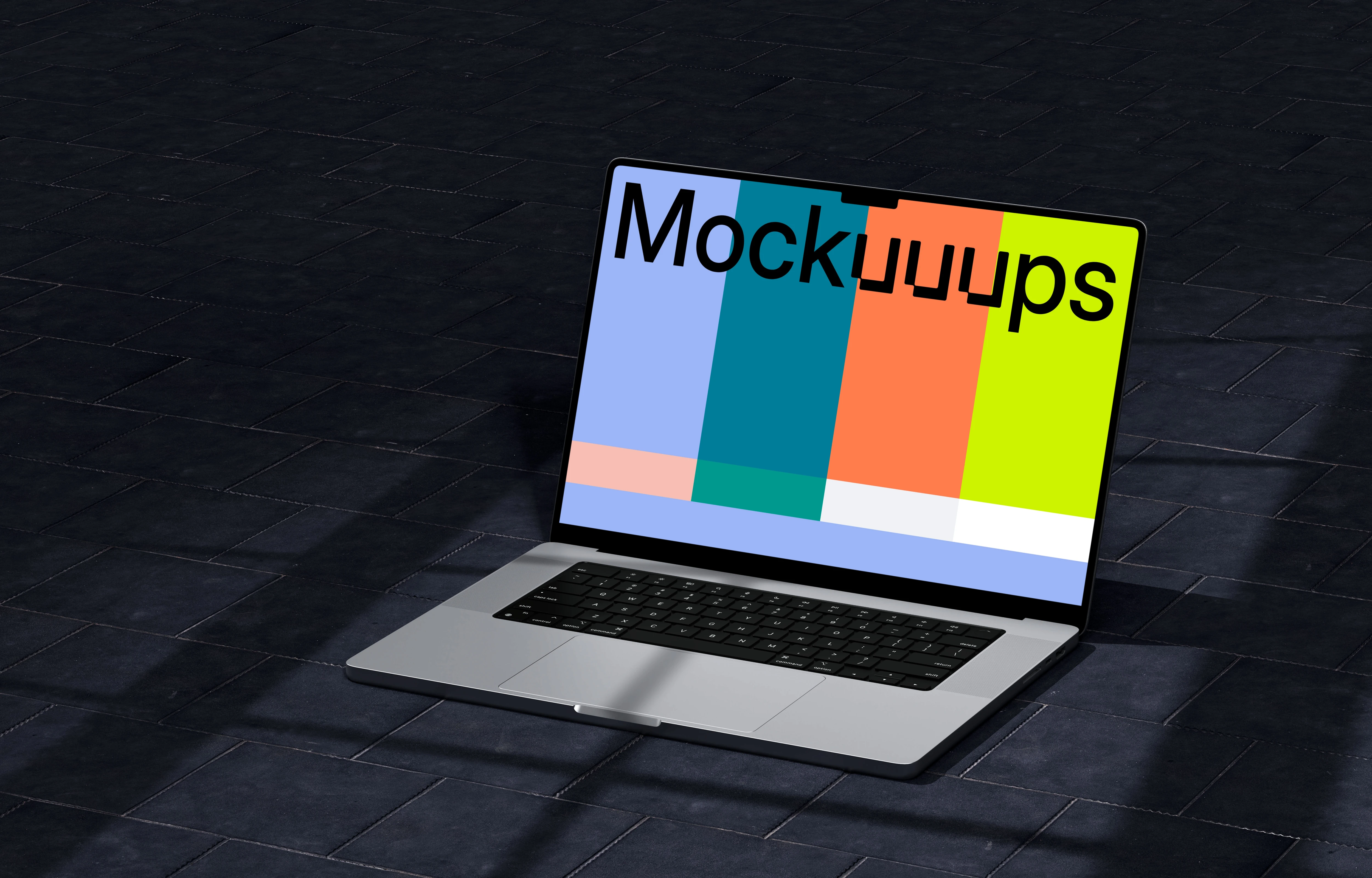 MacBook Pro 16-inch mockup on dark tile floor