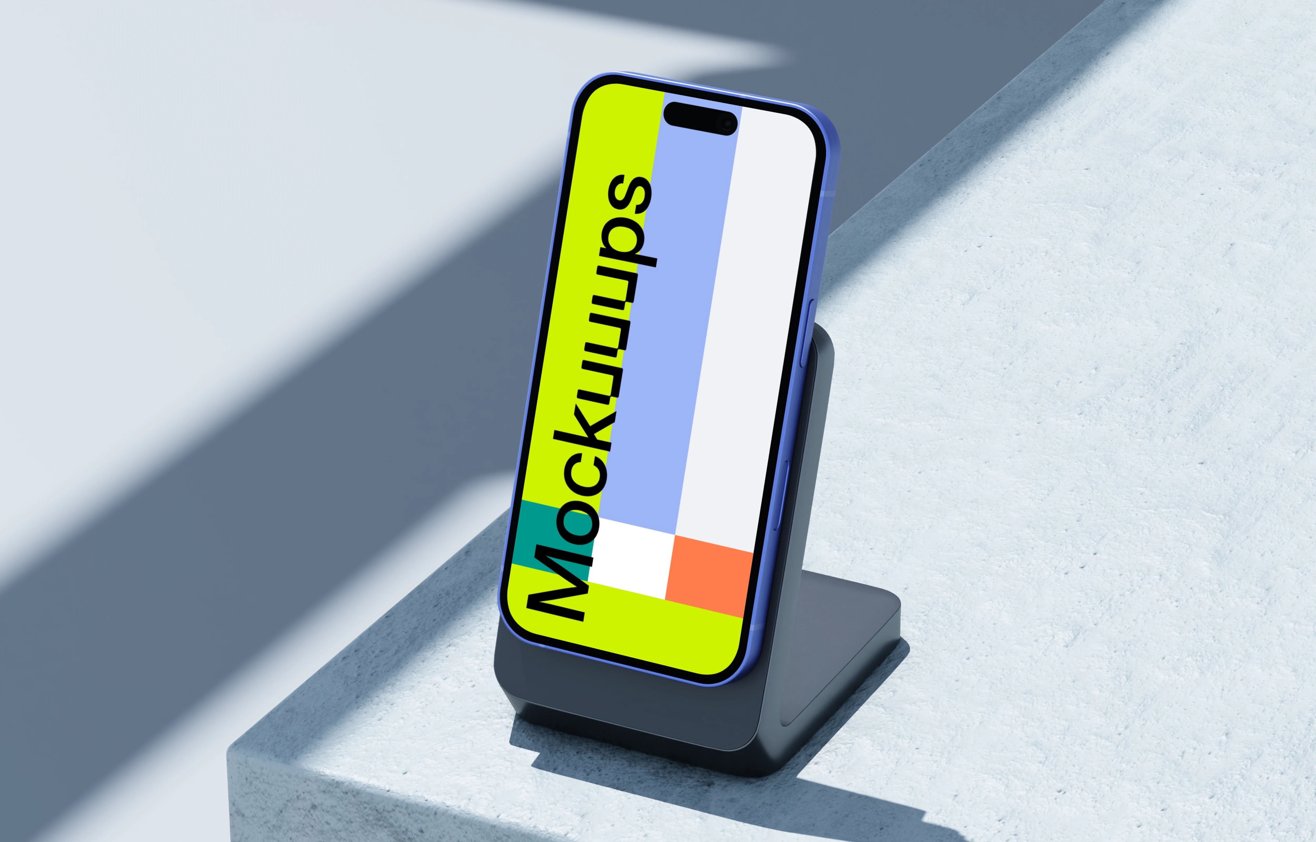 Ultramarine iPhone 16 mockup on modern stand