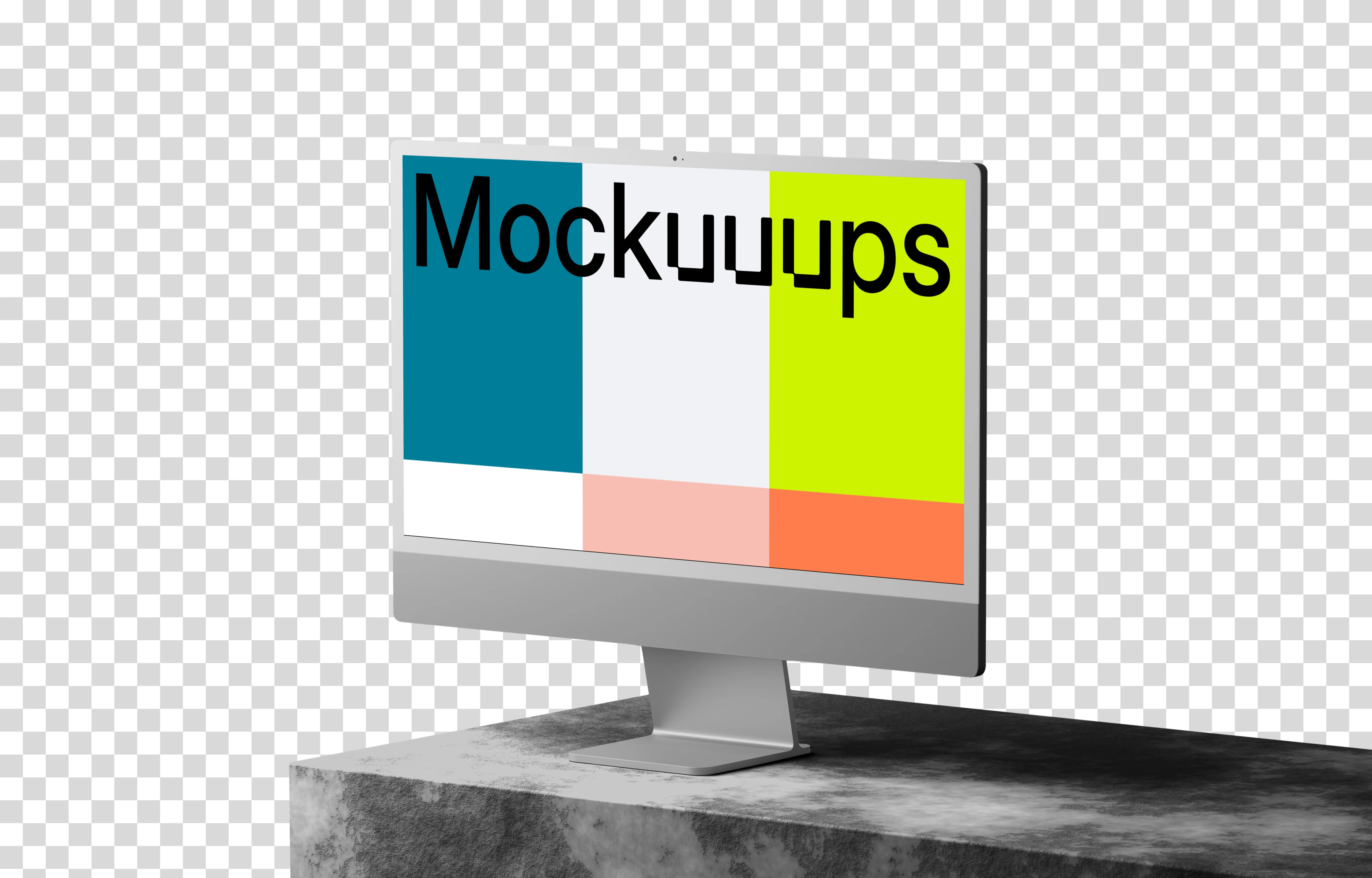 iMac 24 inch mockup on textured rock platform with dramatic shadows