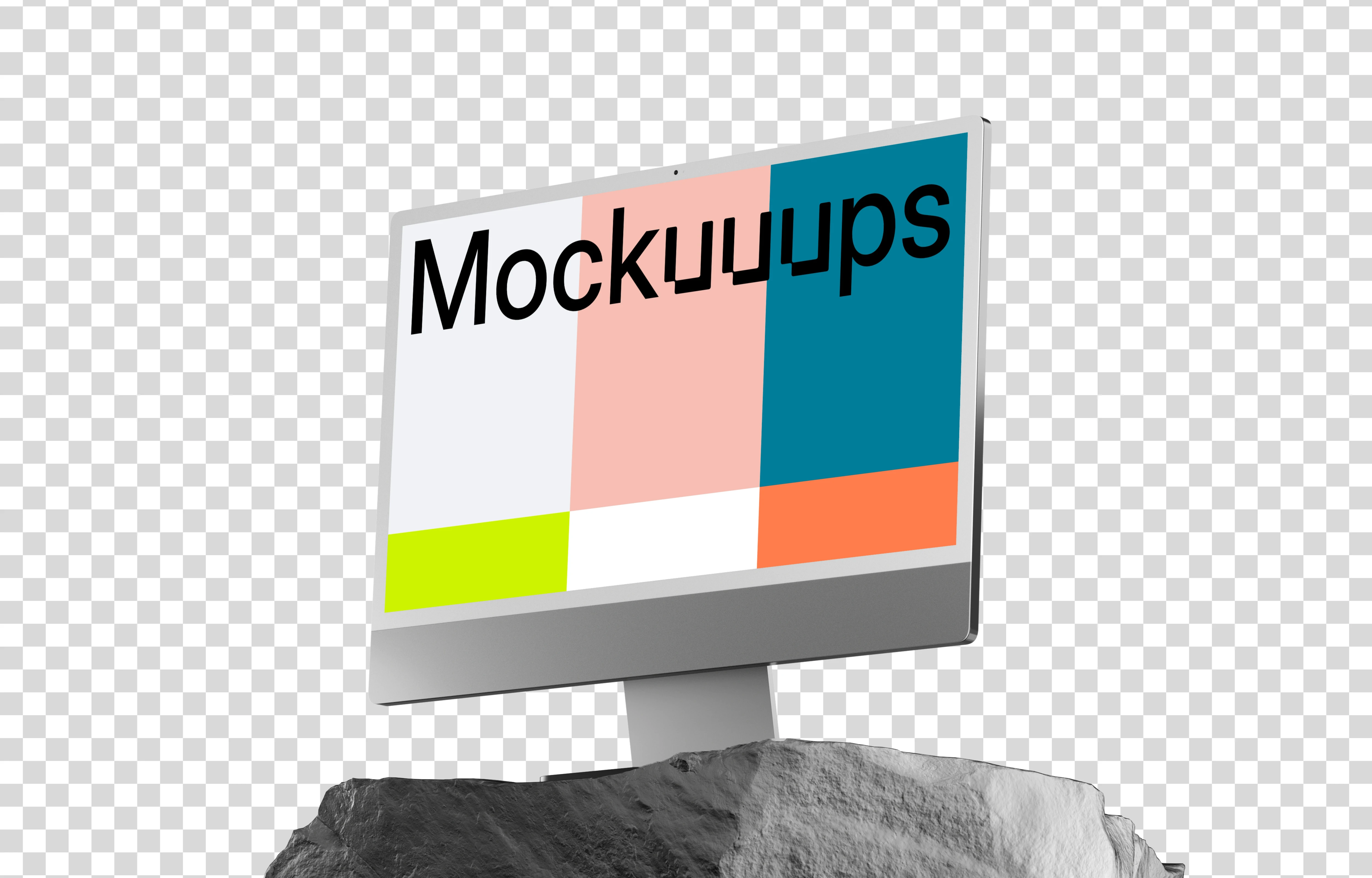 iMac 24 Mockup on a Textured Rock Base with Dramatic Lighting
