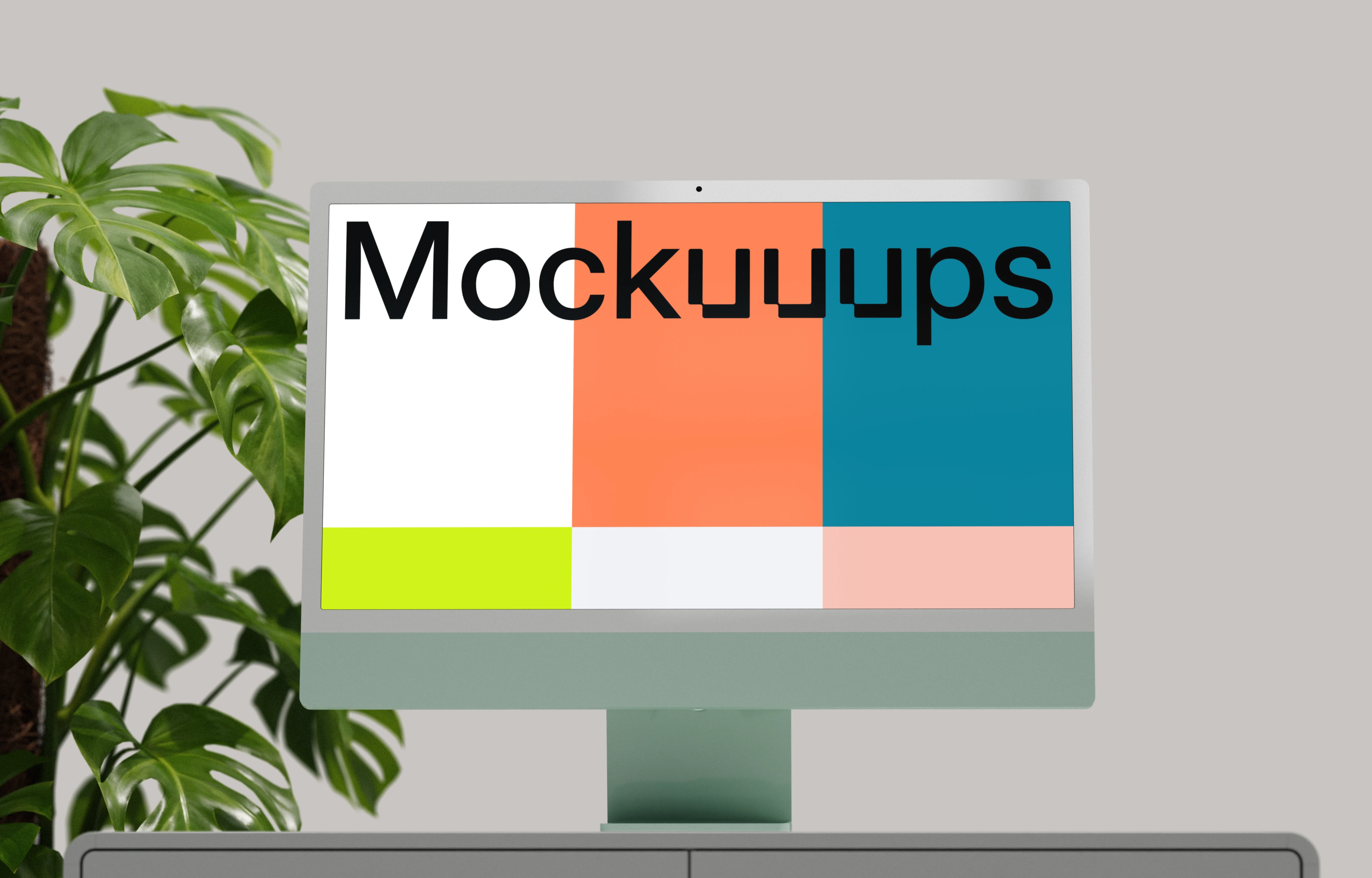 iMac mockup on a minimalist desk with plants