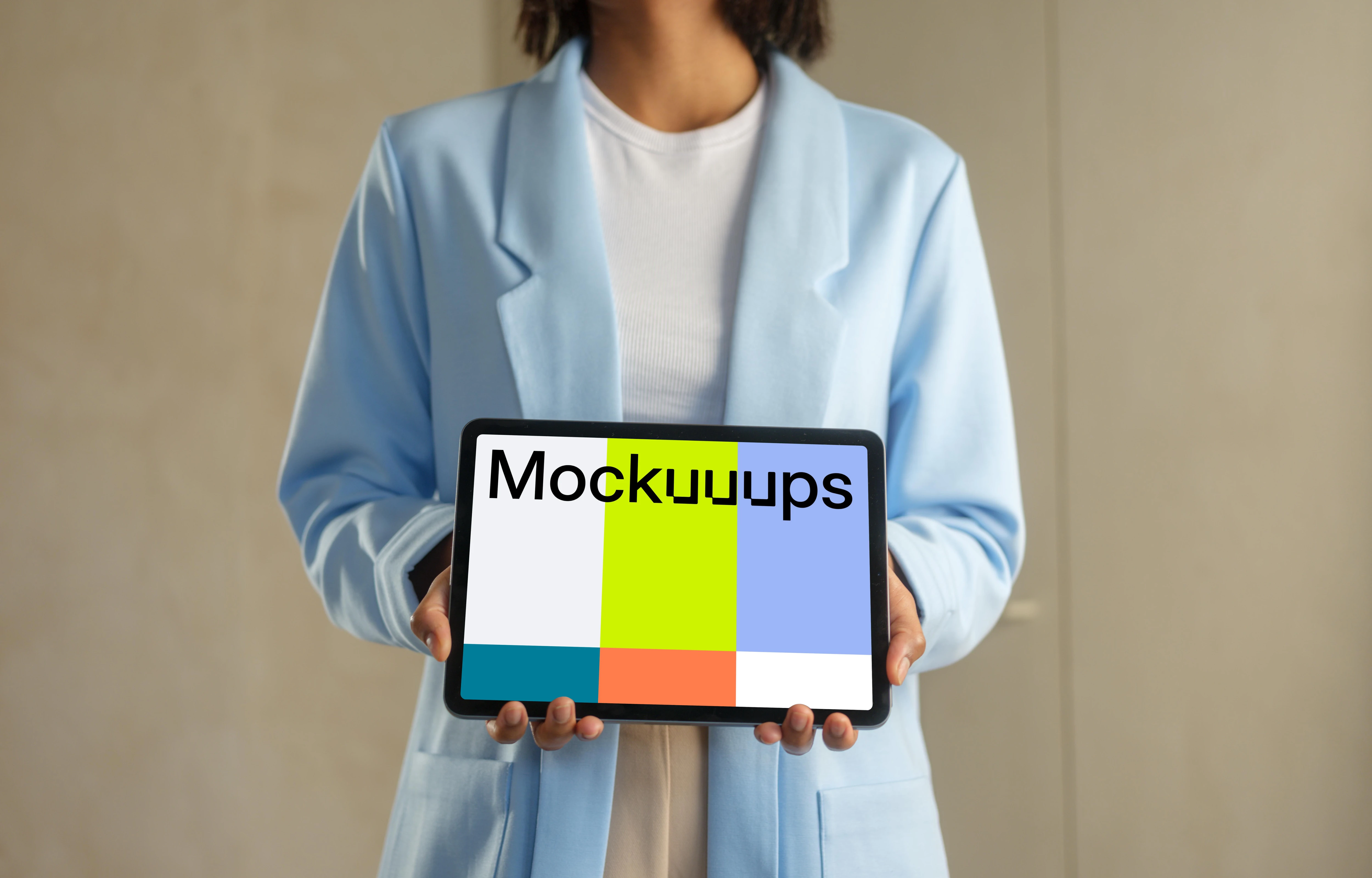 iPad Air mockup held by woman in professional attire