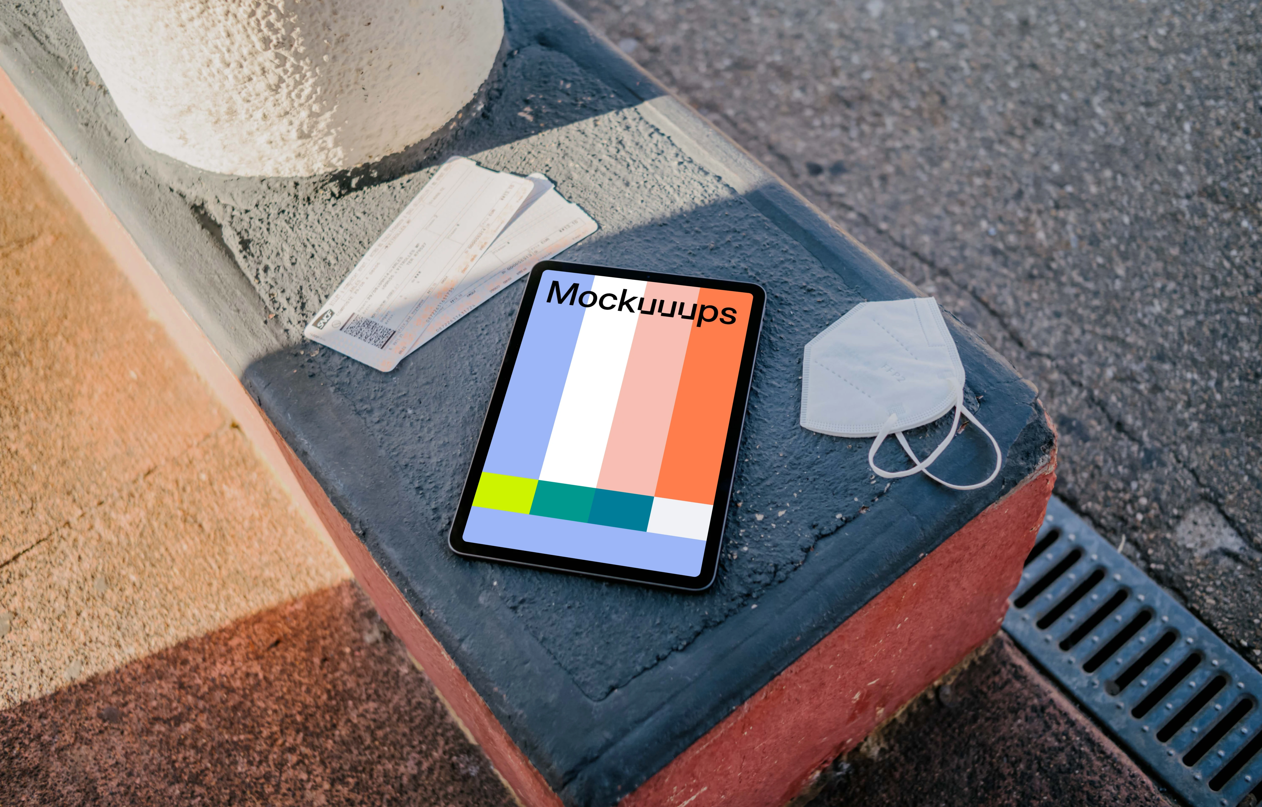 iPad Air mockup on a bench