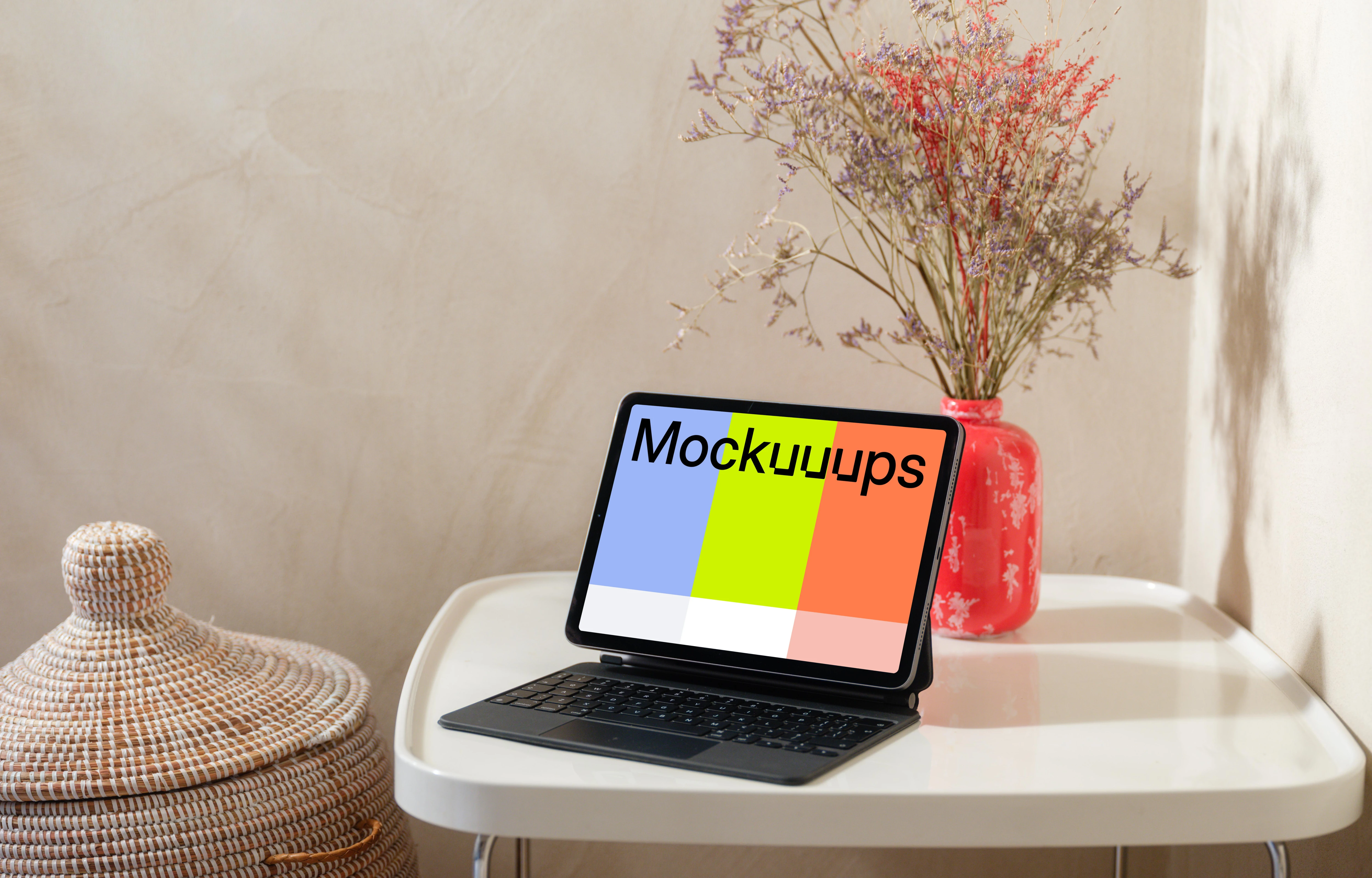 iPad Air mockup on a cozy home table with a decorative vase