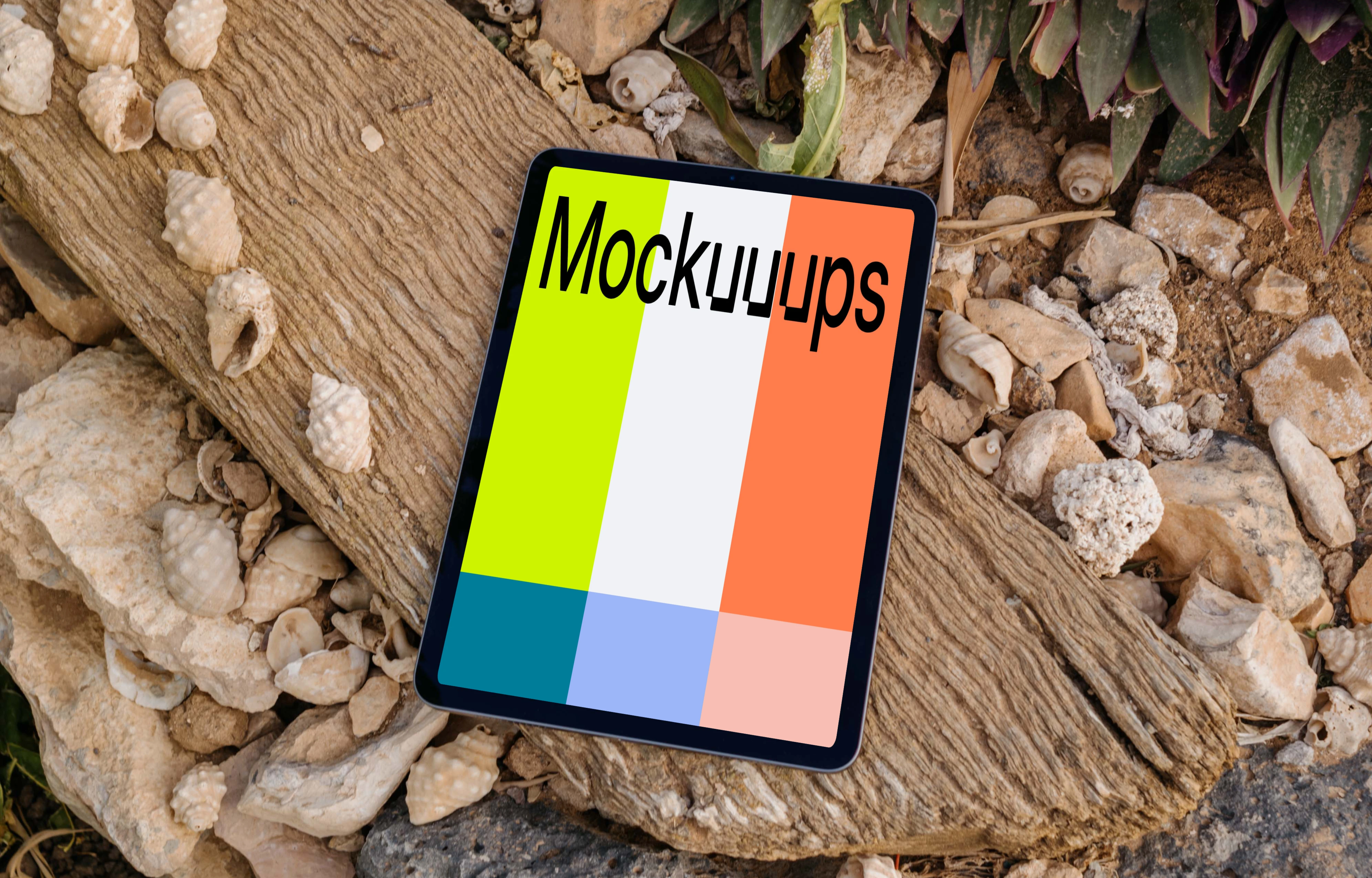 iPad Air mockup on a piece of wood beside seashells