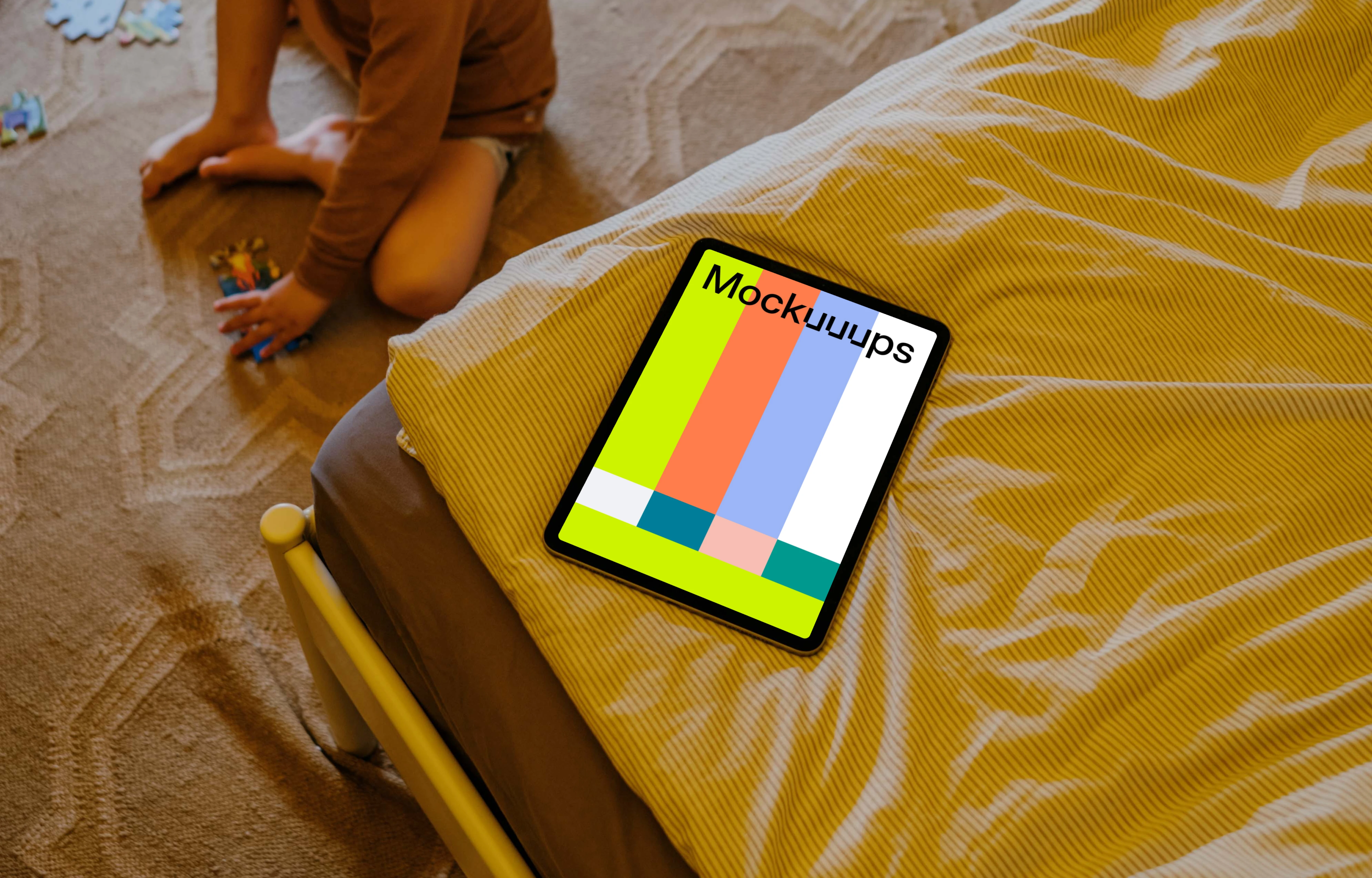 iPad Air mockup placed on a bed