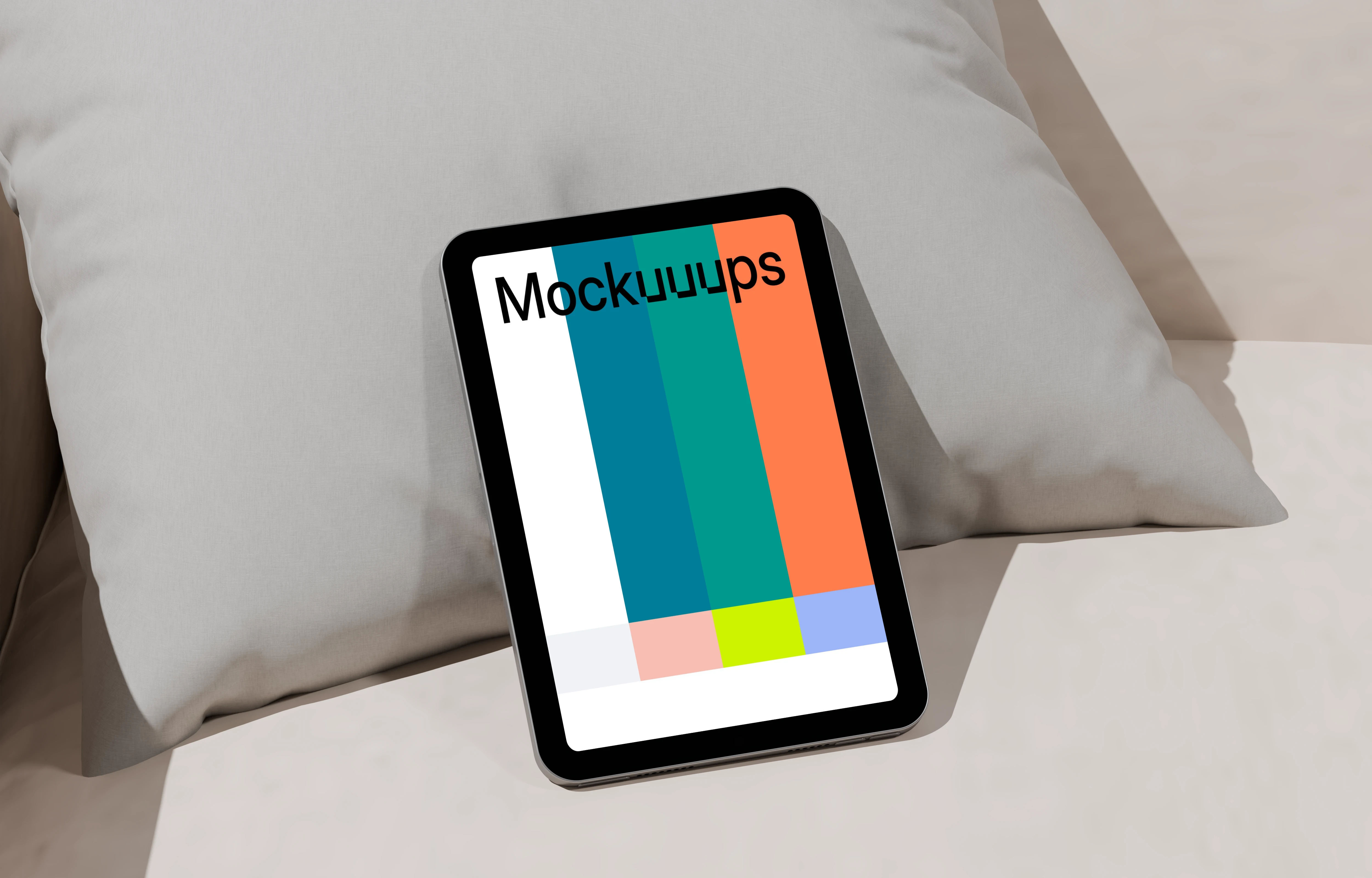 iPad mini mockup on a modern sofa cushion