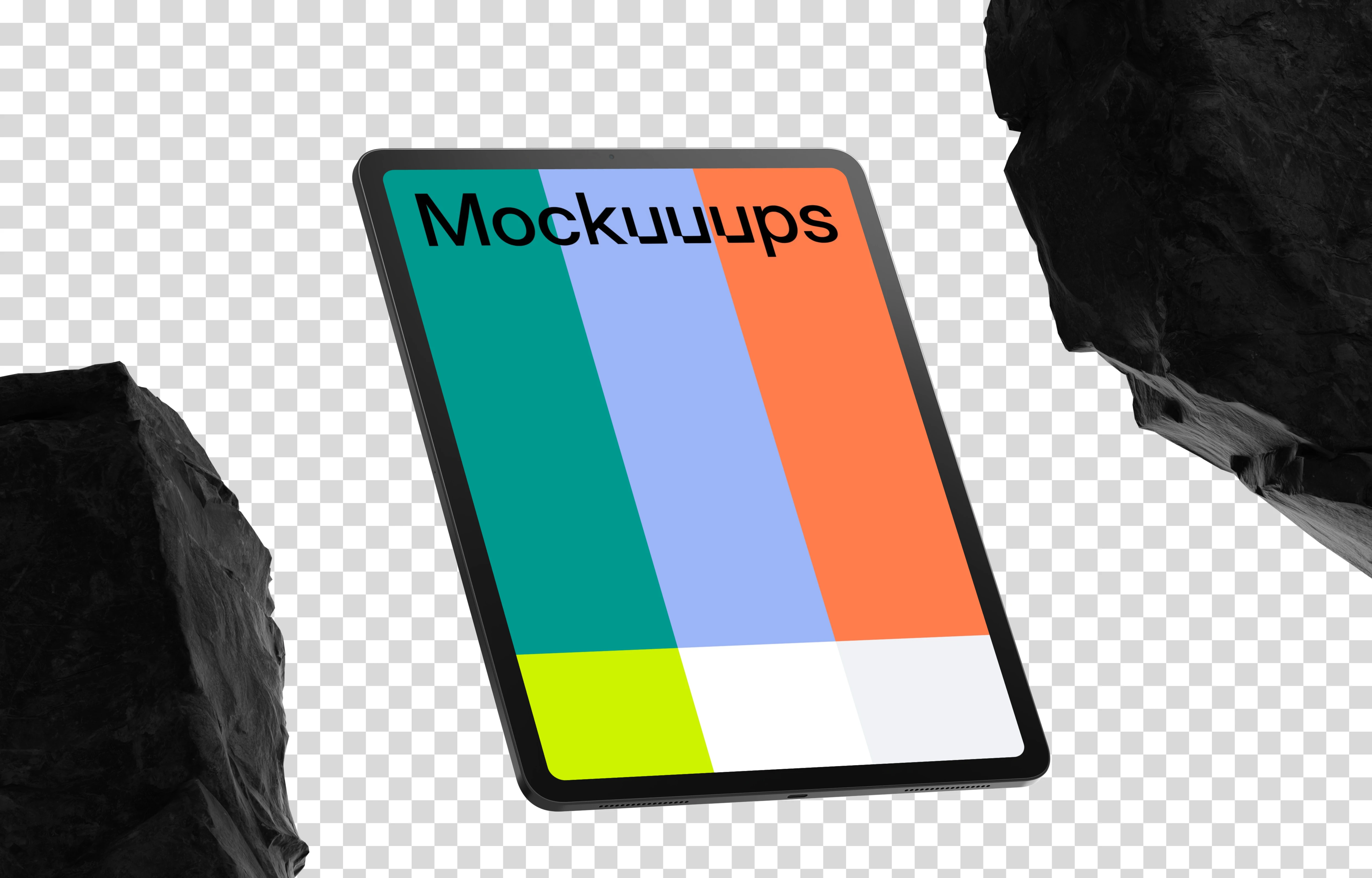 iPad Pro mockup with rock elements and dynamic shadows