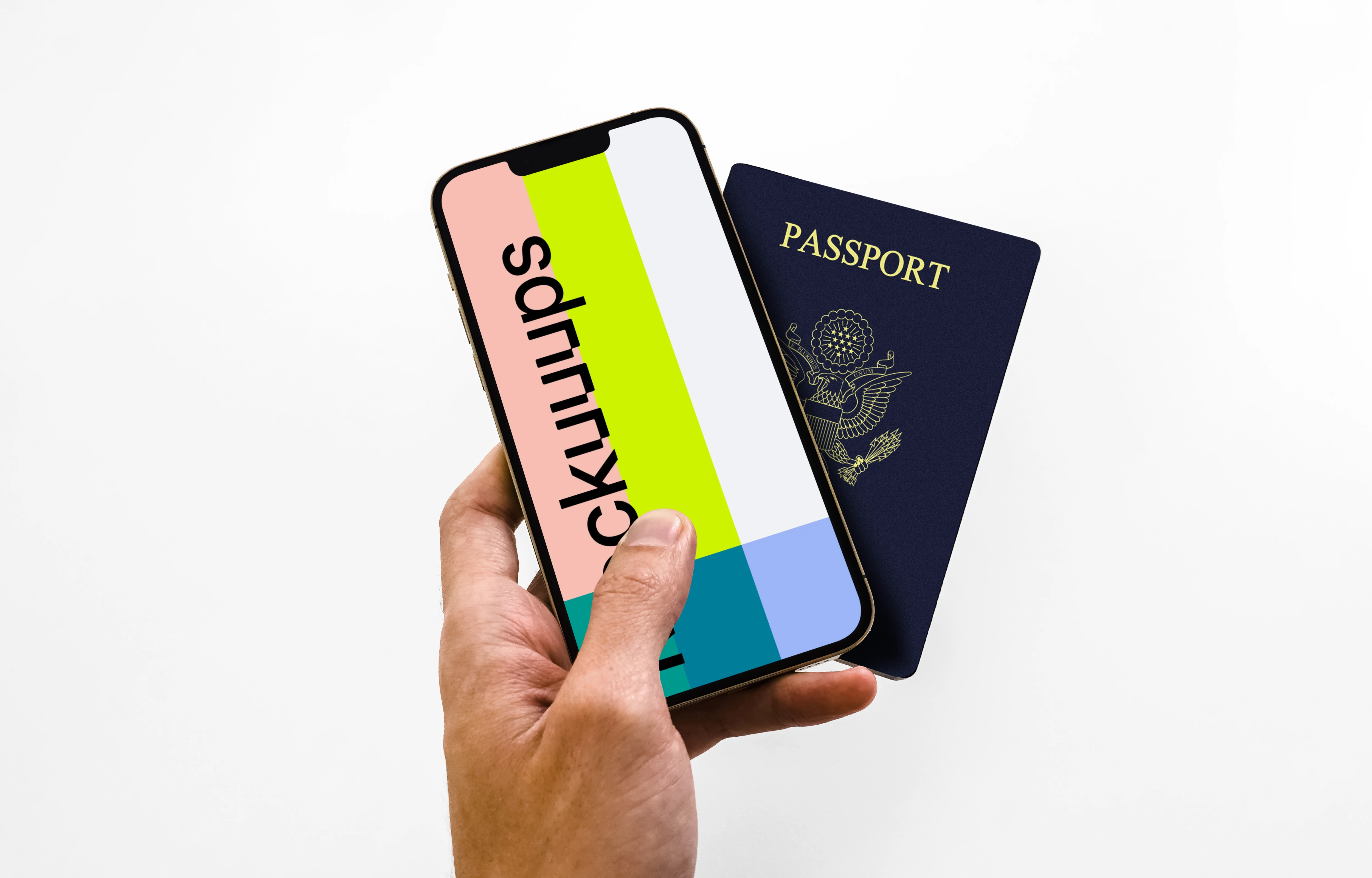 iPhone 13 mockup and US passport held by user
