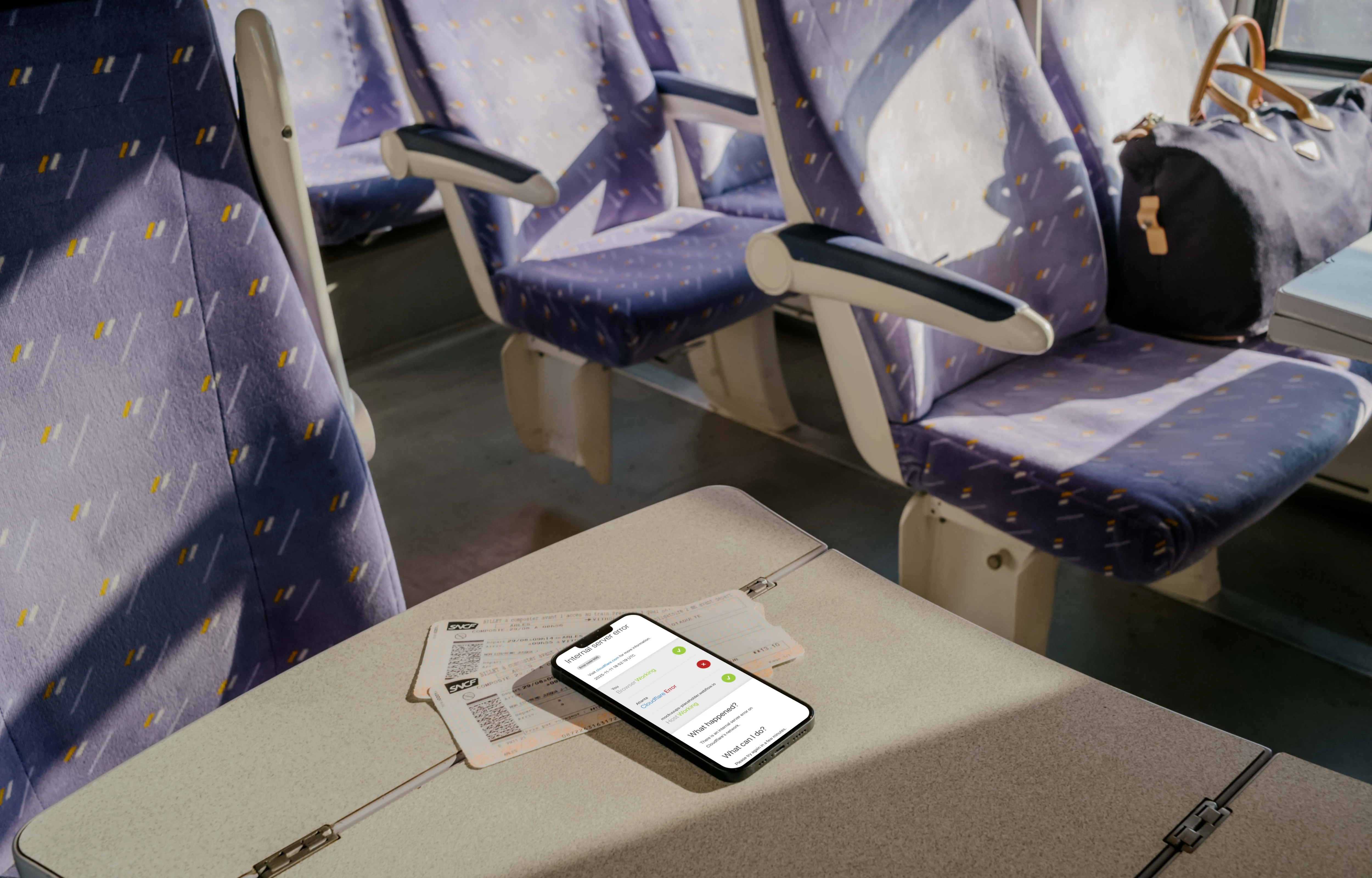 iPhone 13 mockup on table in train 