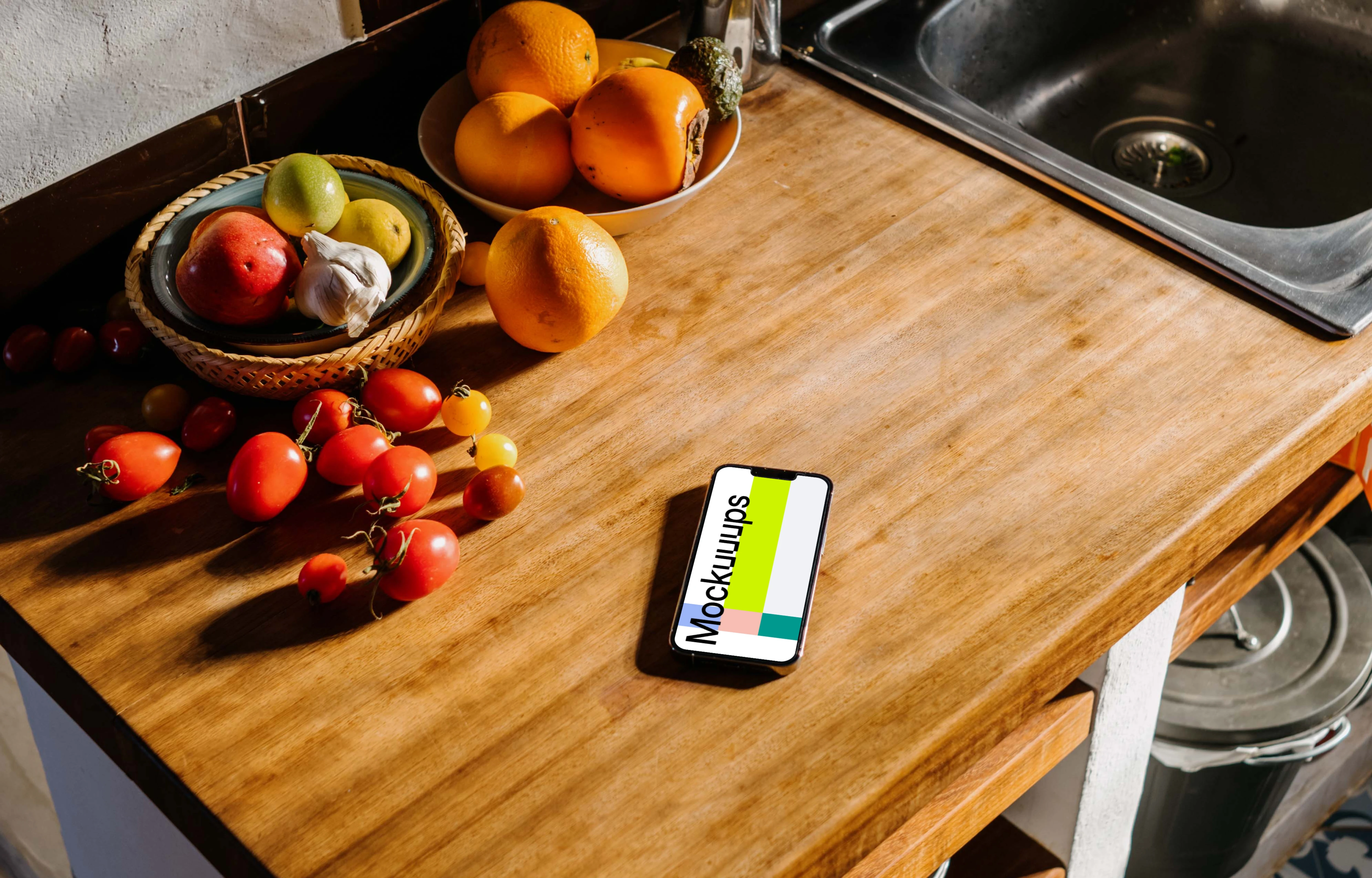 iPhone 13 Pro mockup on a kitchen counter