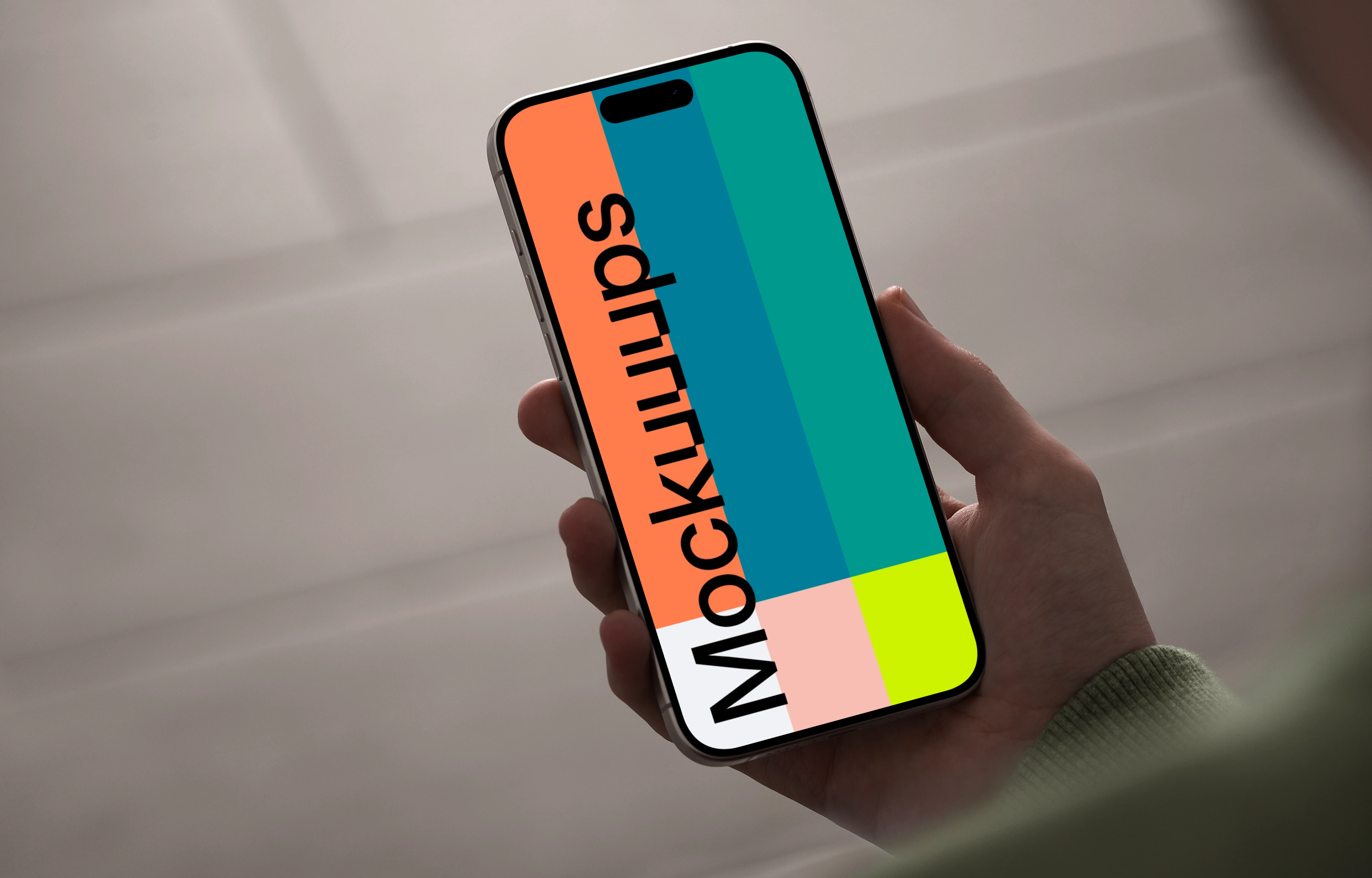 iPhone 15 Pro mockup in hand with neutral background