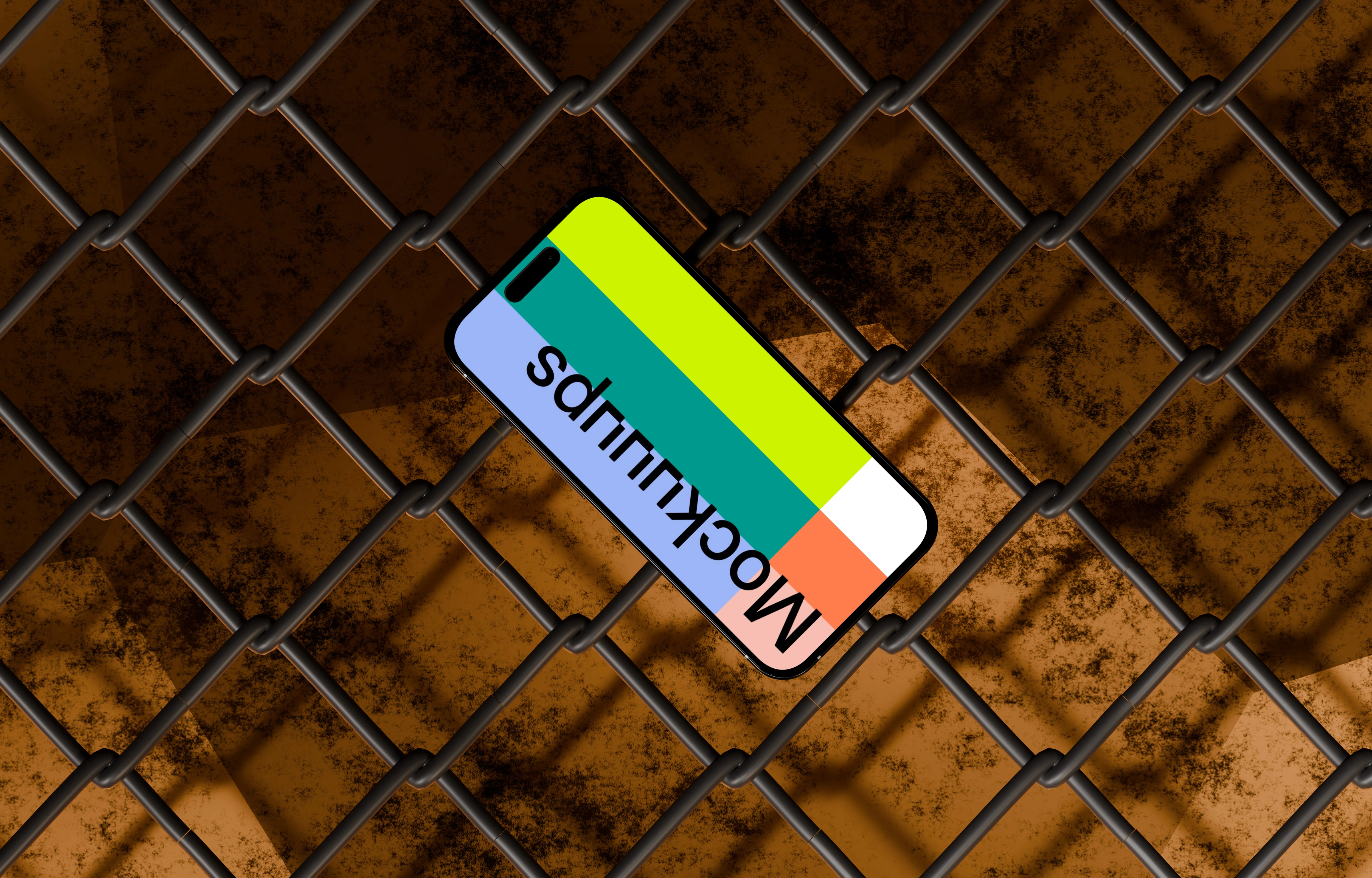 iPhone 16 Mockup Against Industrial Chain-Link Fence