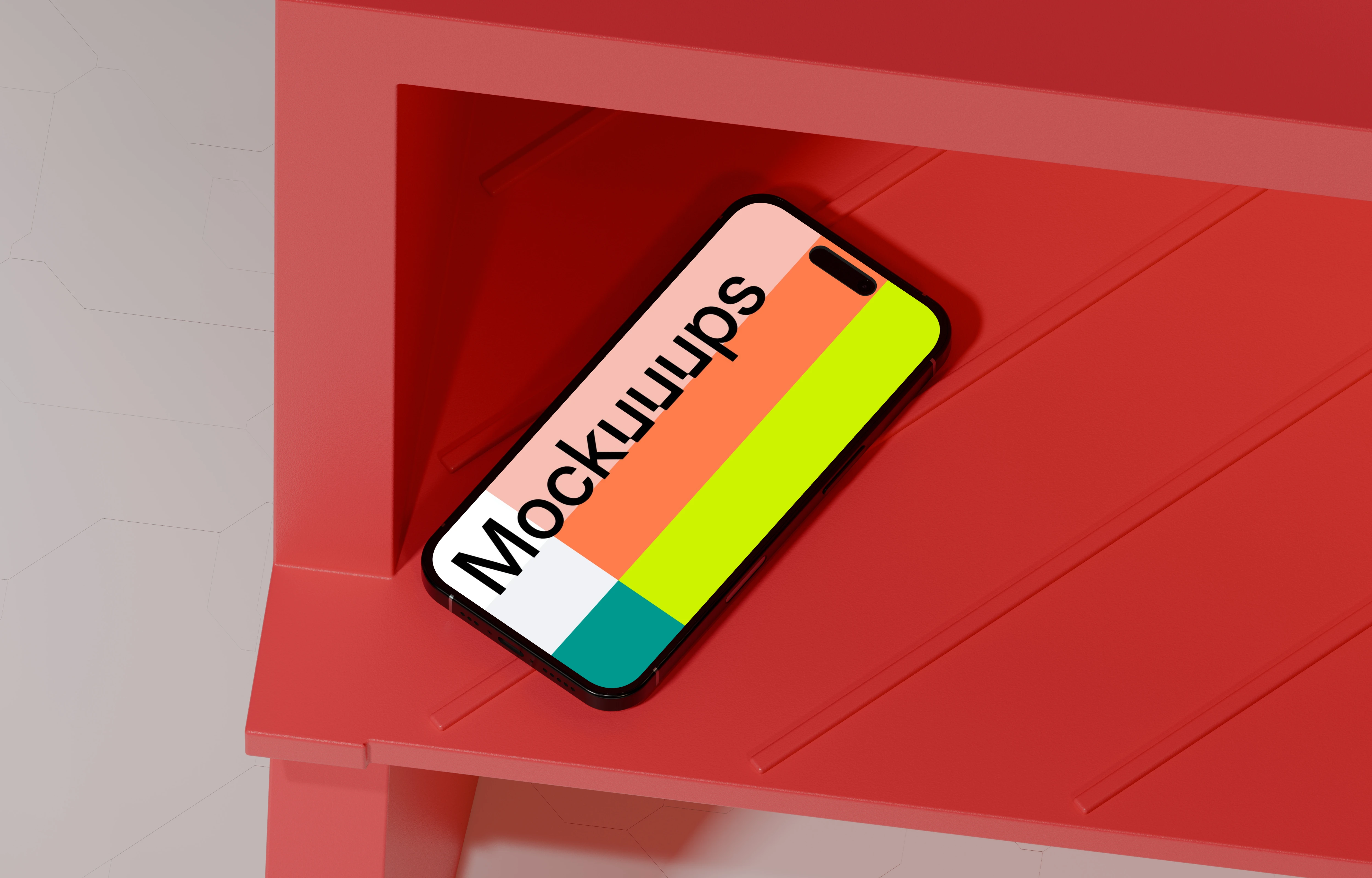iPhone 16 mockup on a red shelf