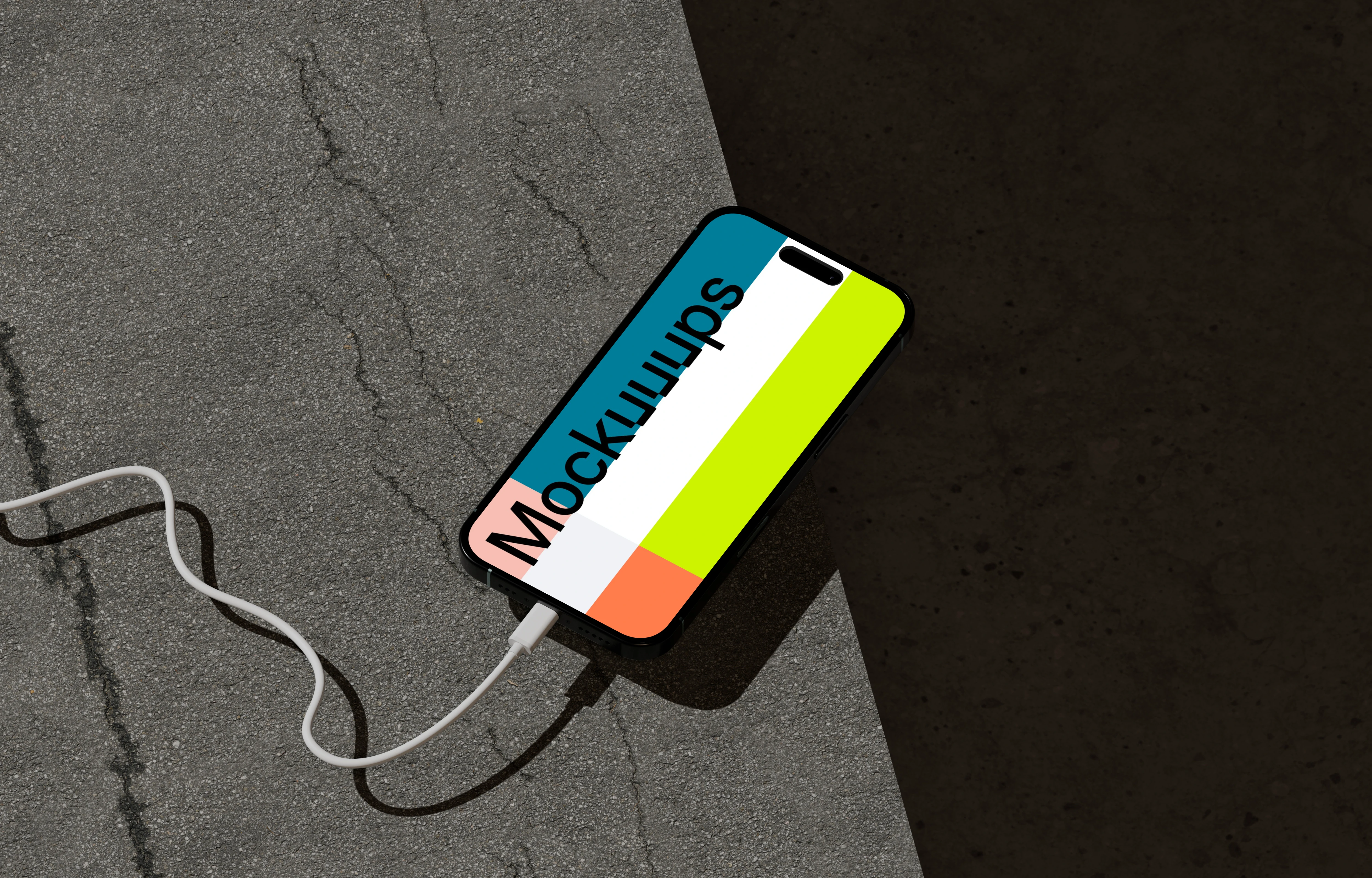 iPhone 16 Mockup on Concrete Surface with Charging Cable