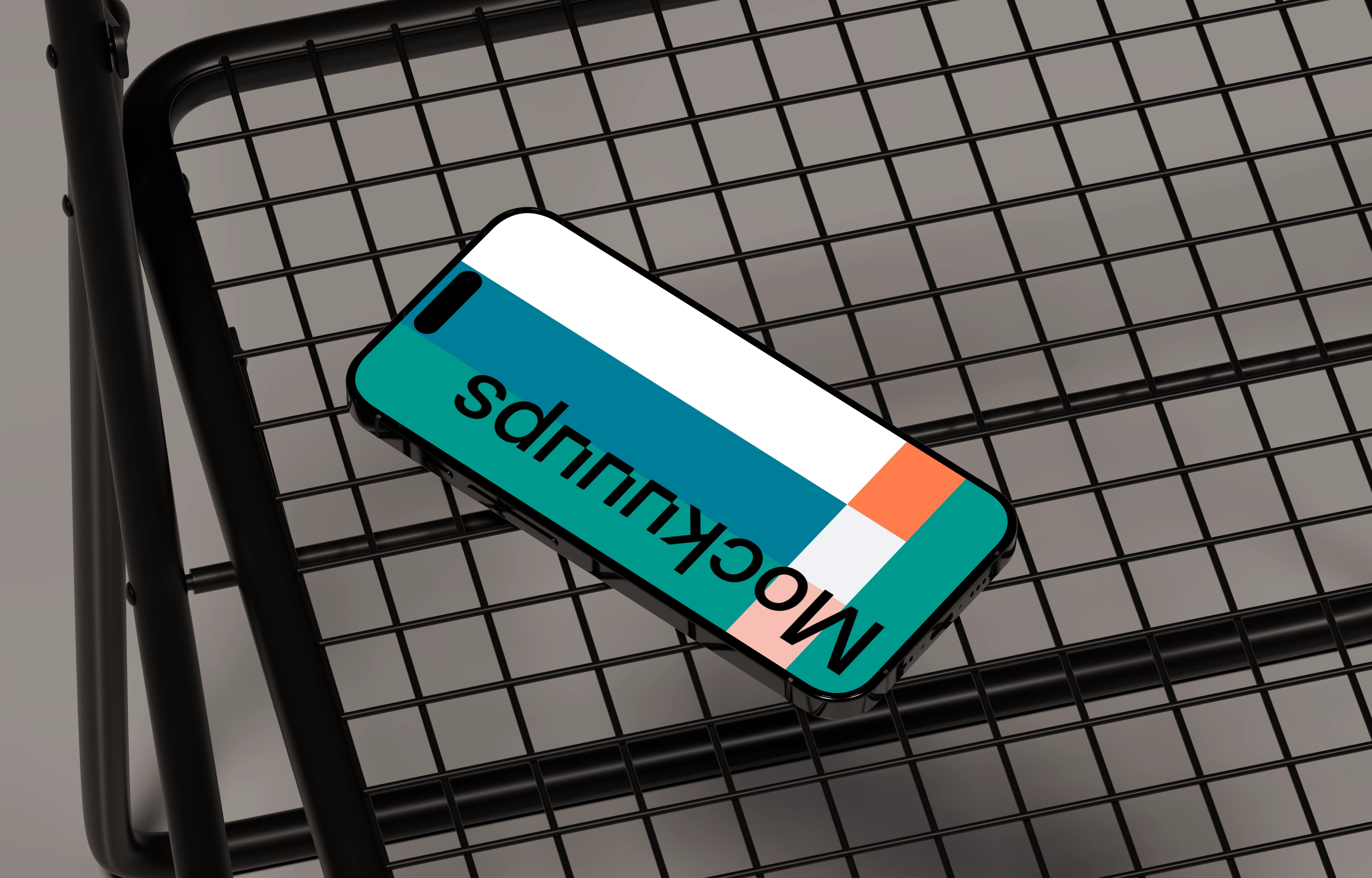 iPhone 16 mockup on metal grid pattern