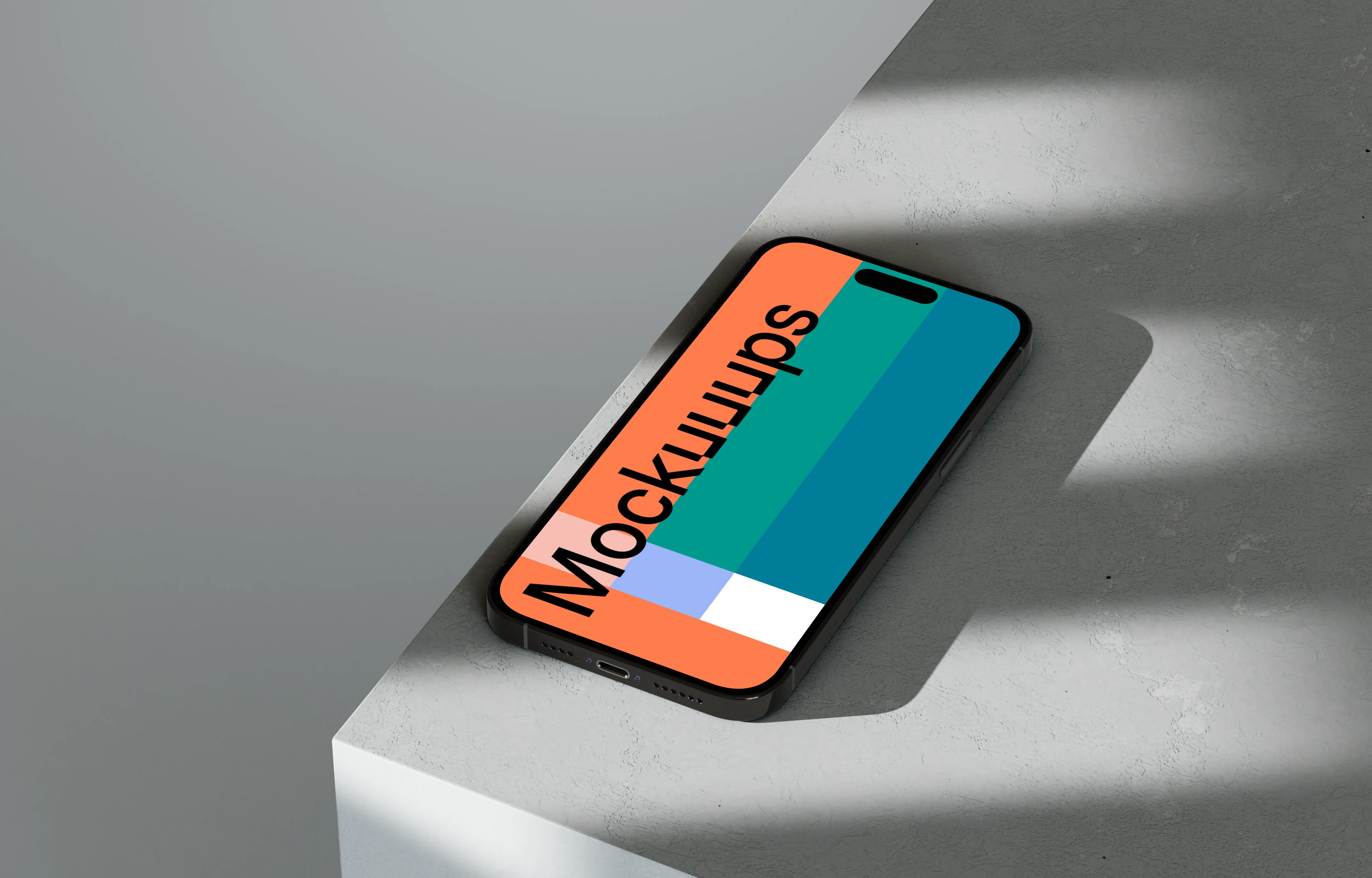 iPhone 16 mockup on textured marble with dynamic shadows