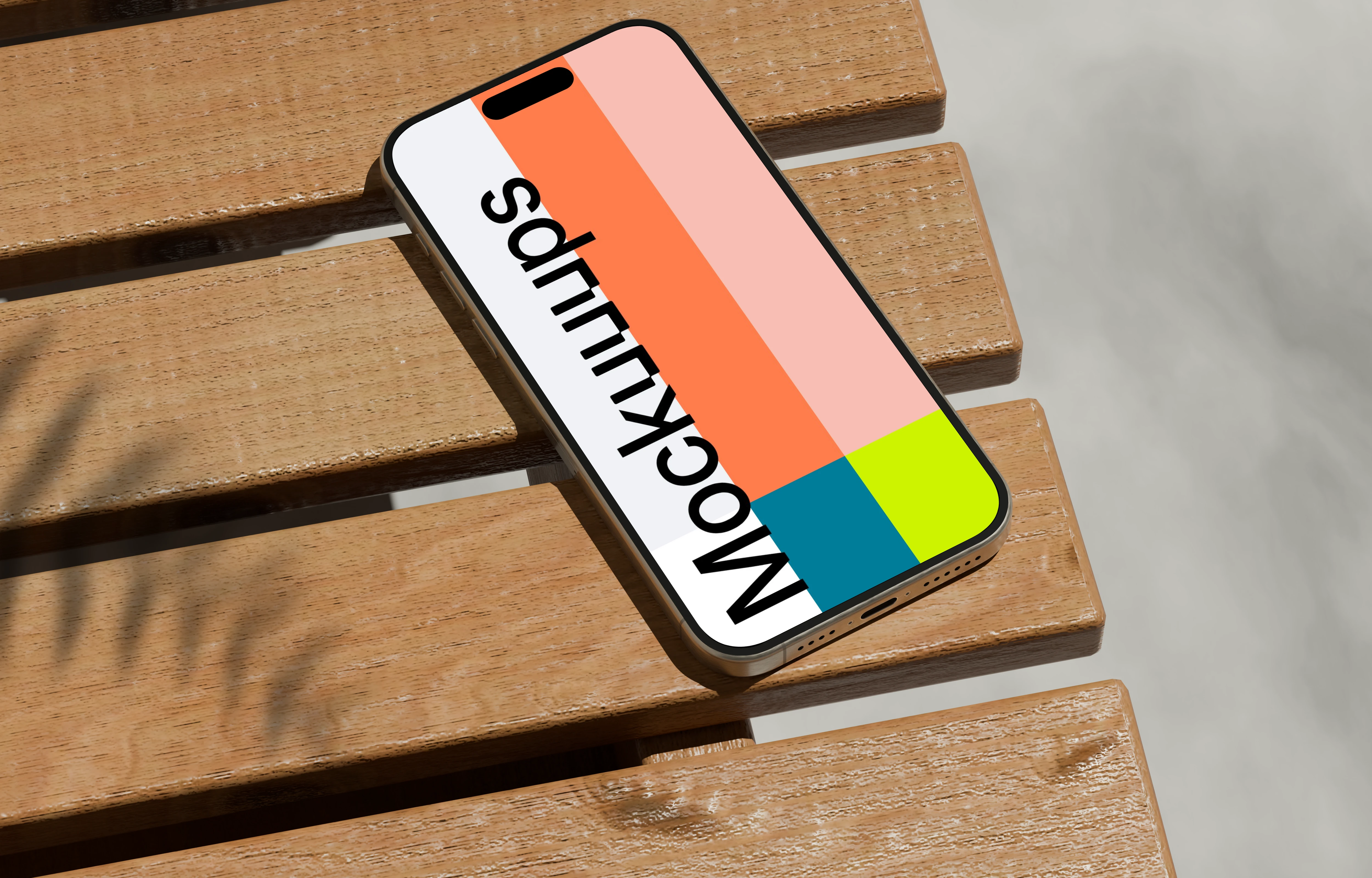 iPhone 16 mockup with shadows on wooden slats