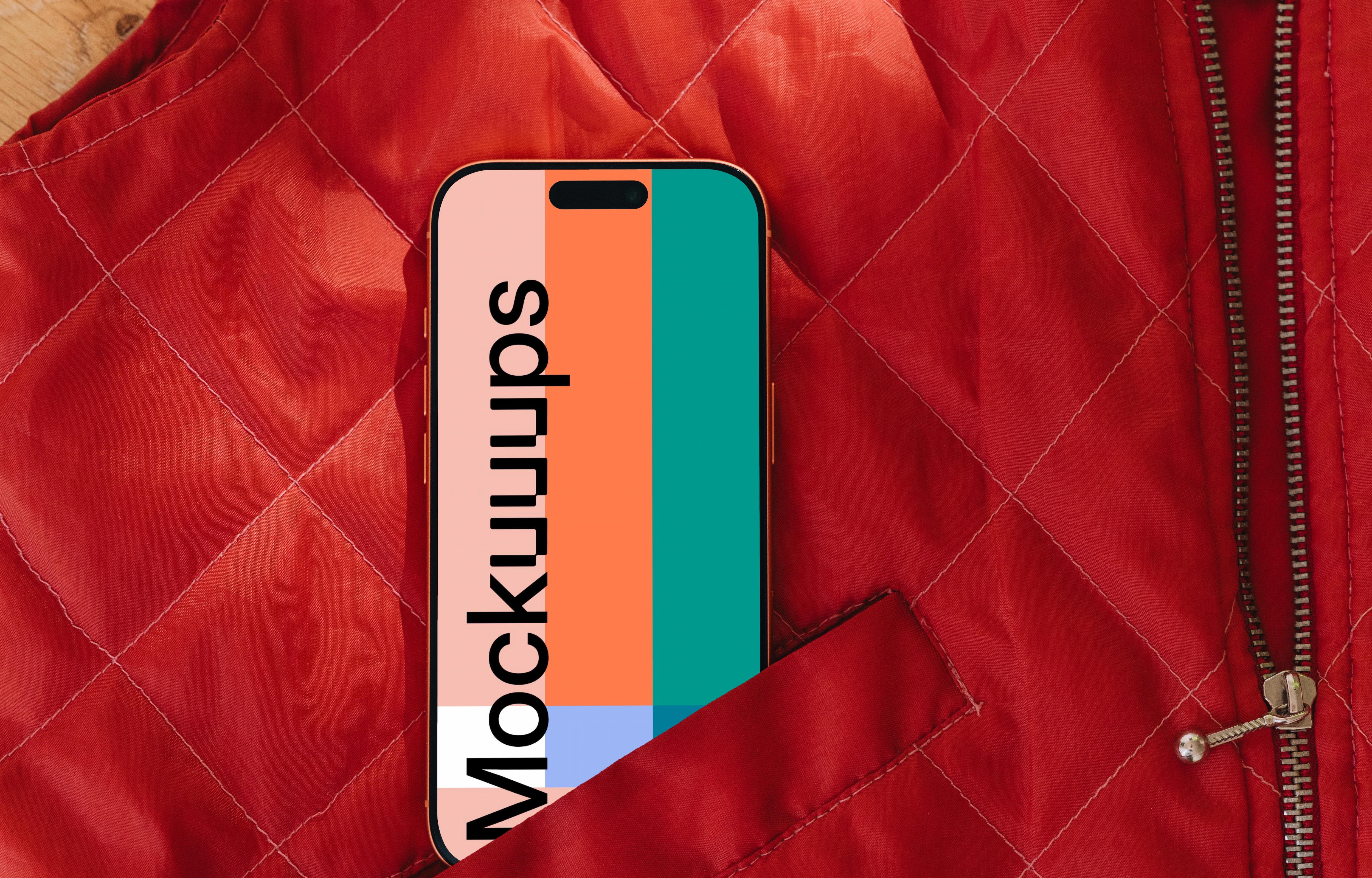 iPhone 17 Pro mockup in red quilted fabric pocket
