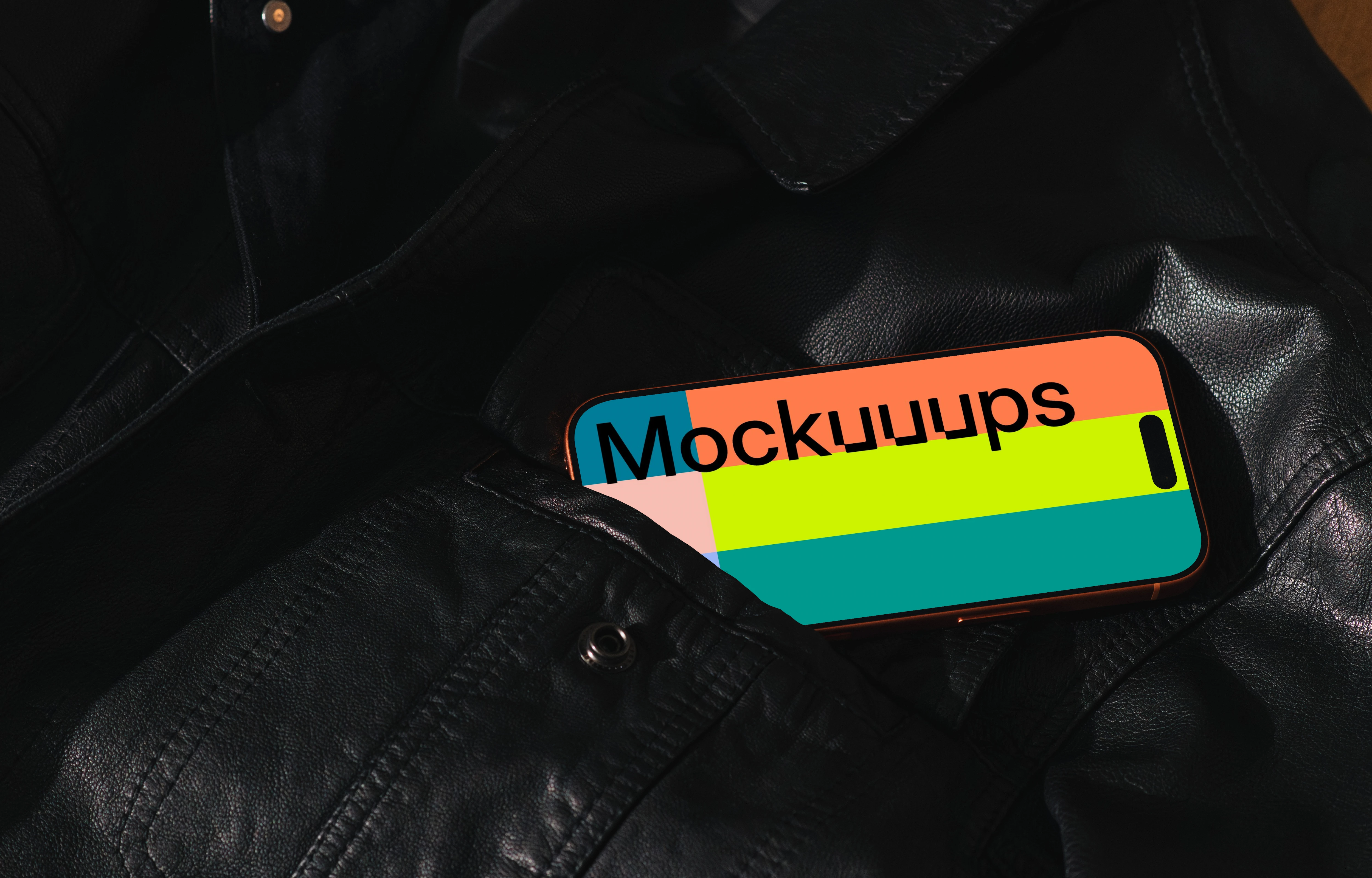 iPhone 17 Pro mockup on a black leather jacket