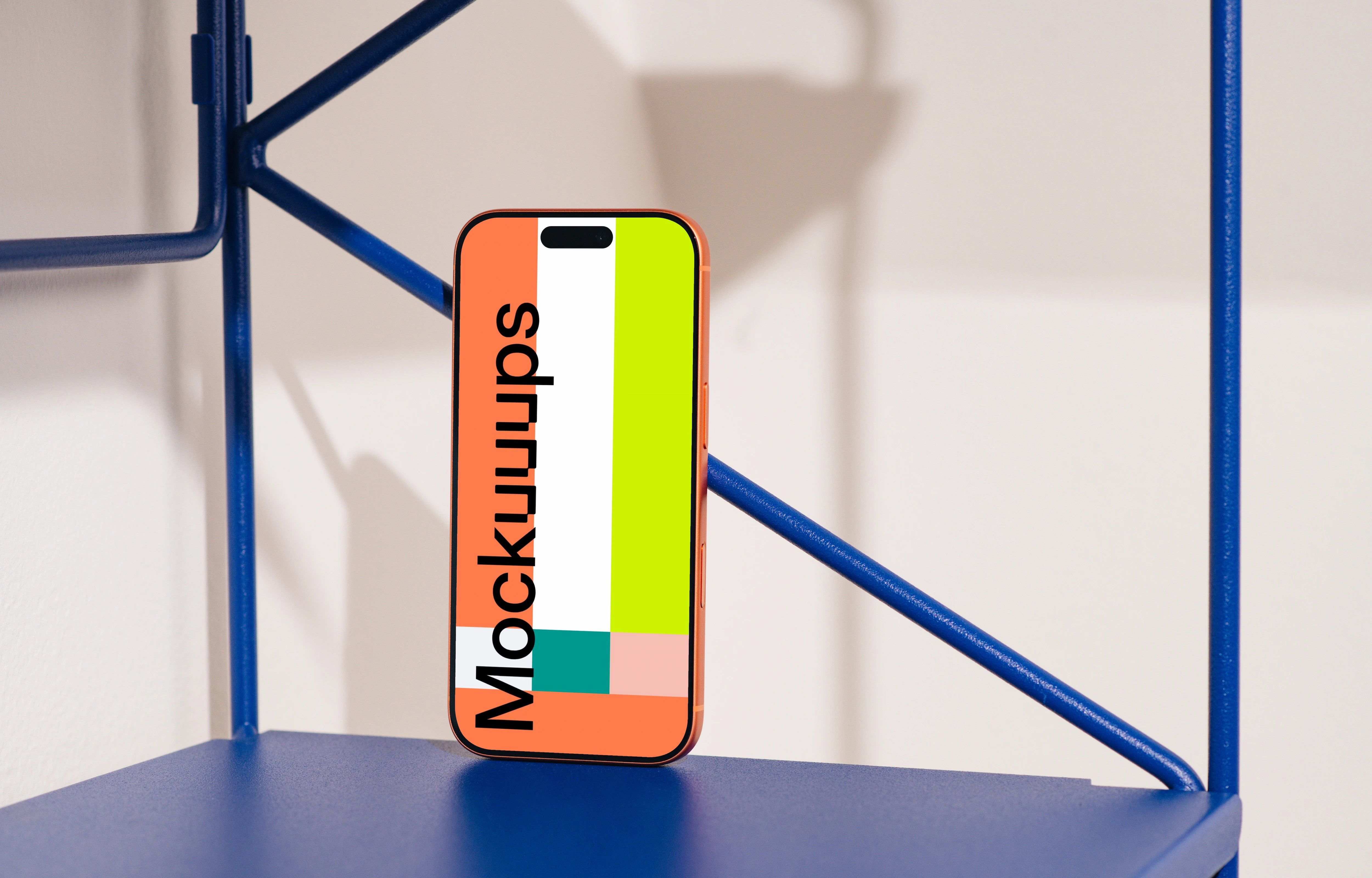 iPhone 17 Pro mockup on a blue metal shelf