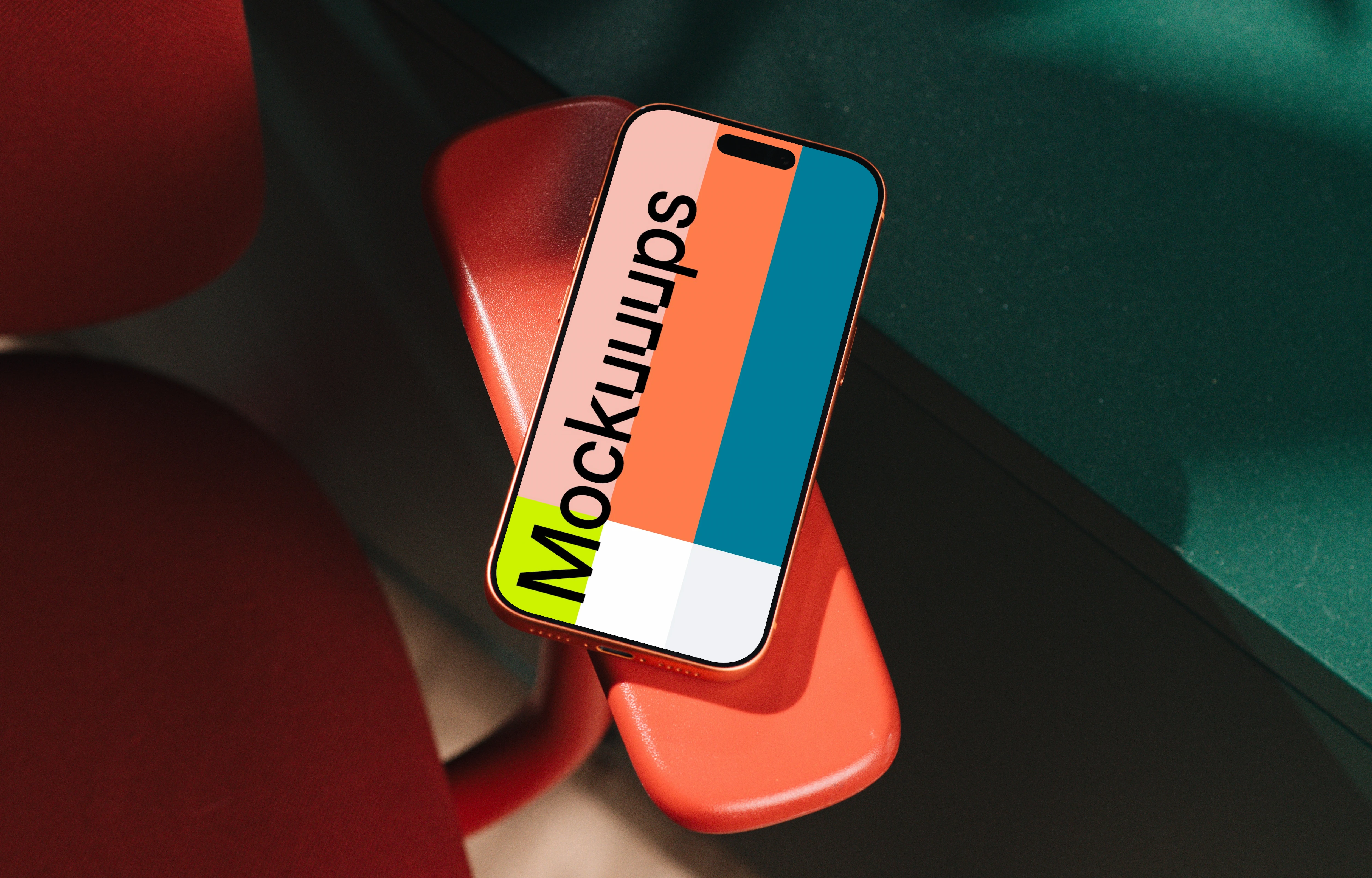 iPhone 17 Pro mockup on a red chair
