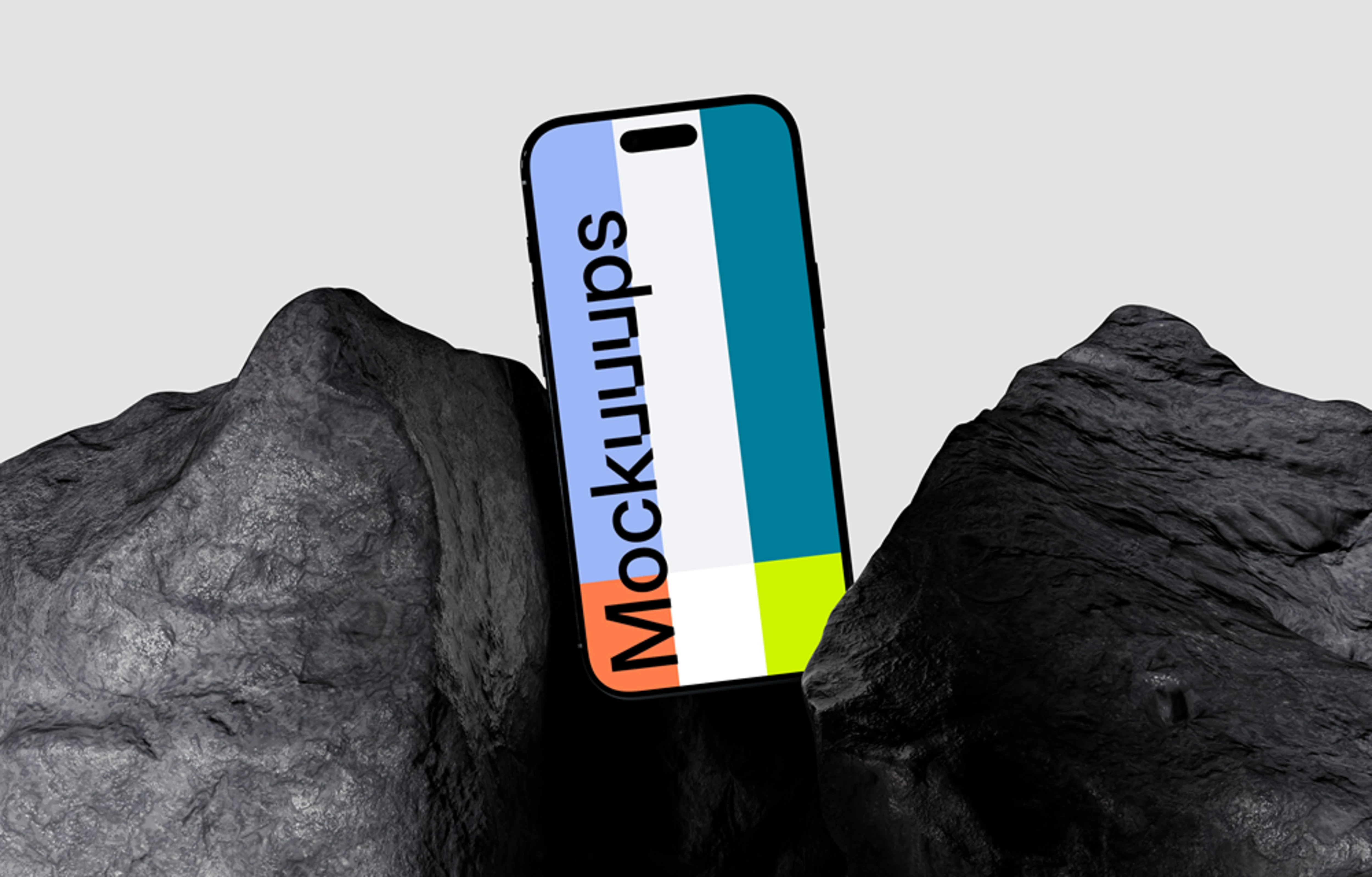 iPhone Air mockup between dark rocks