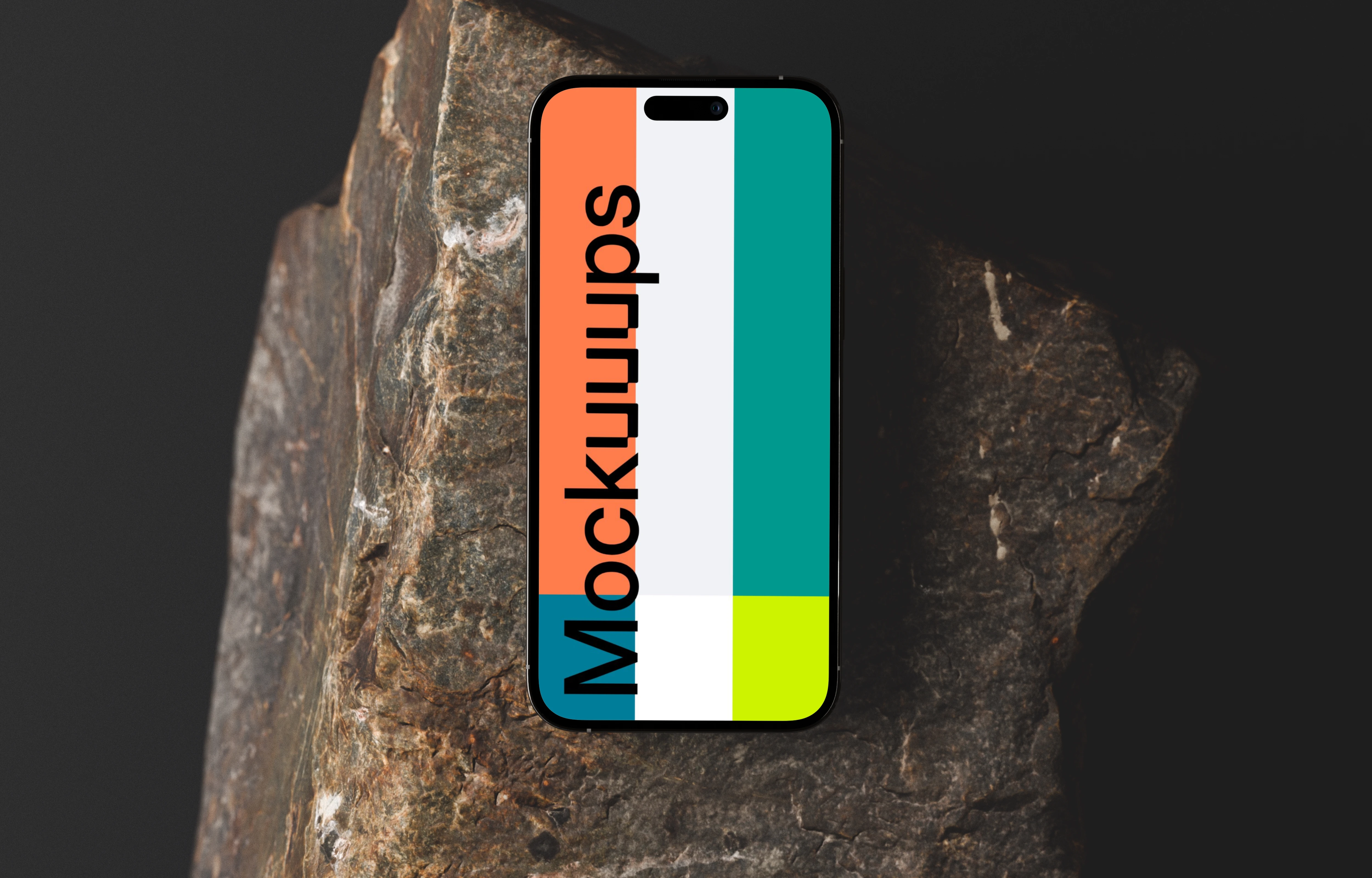 iPhone mockup positioned on a textured rock surface