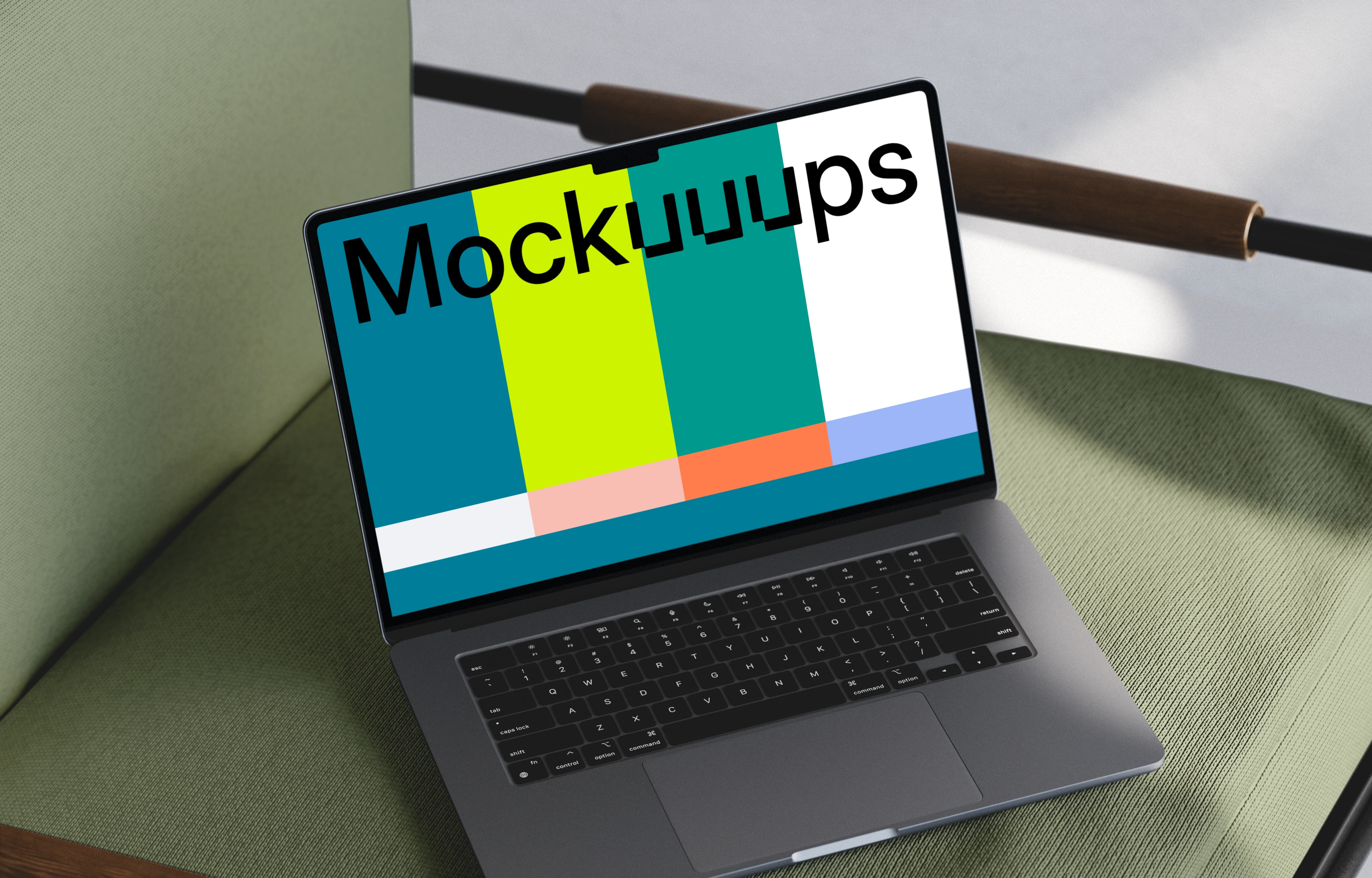 MacBook Air mockup on a green armchair