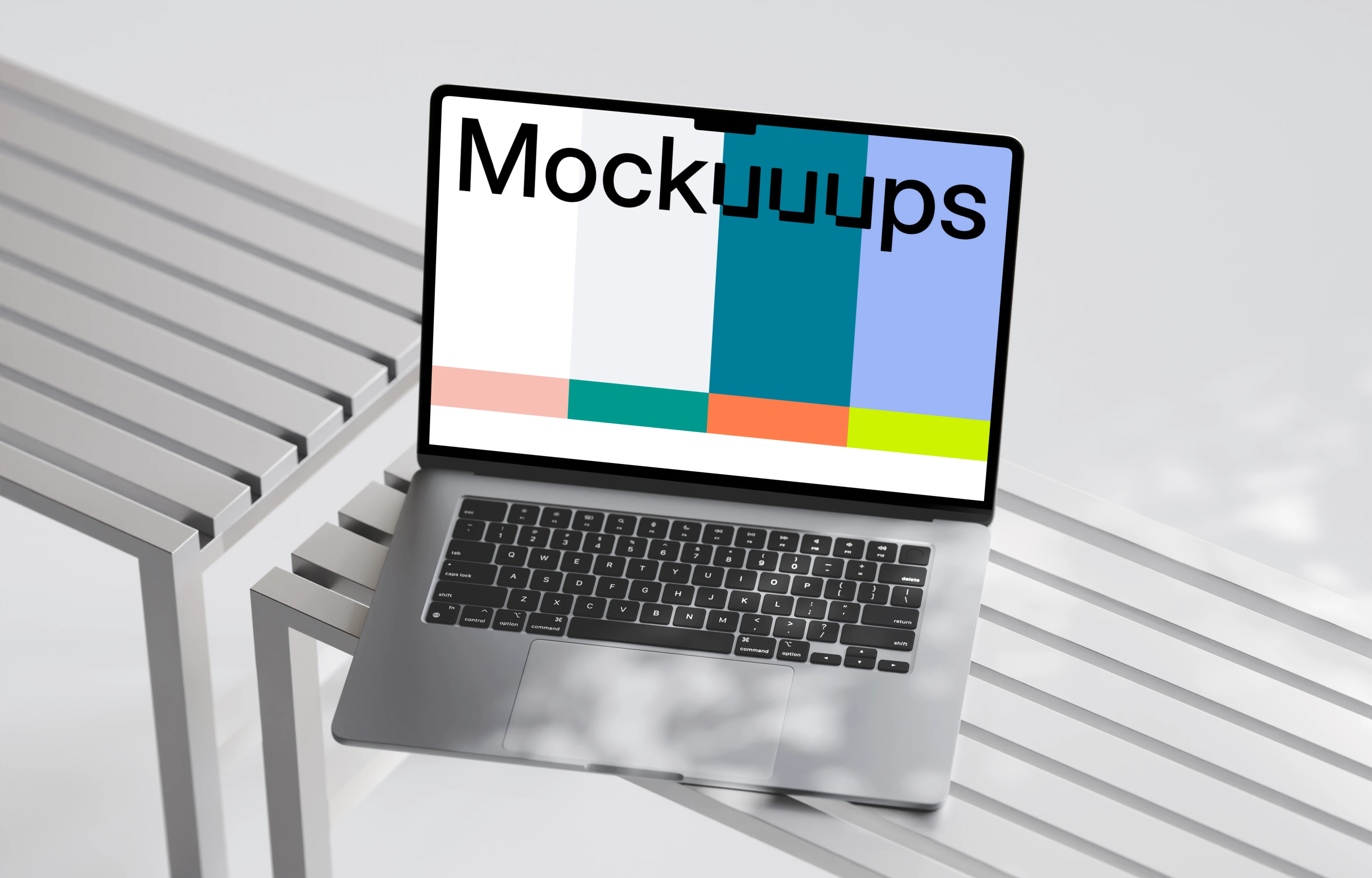 MacBook Air mockup on a modern slatted bench