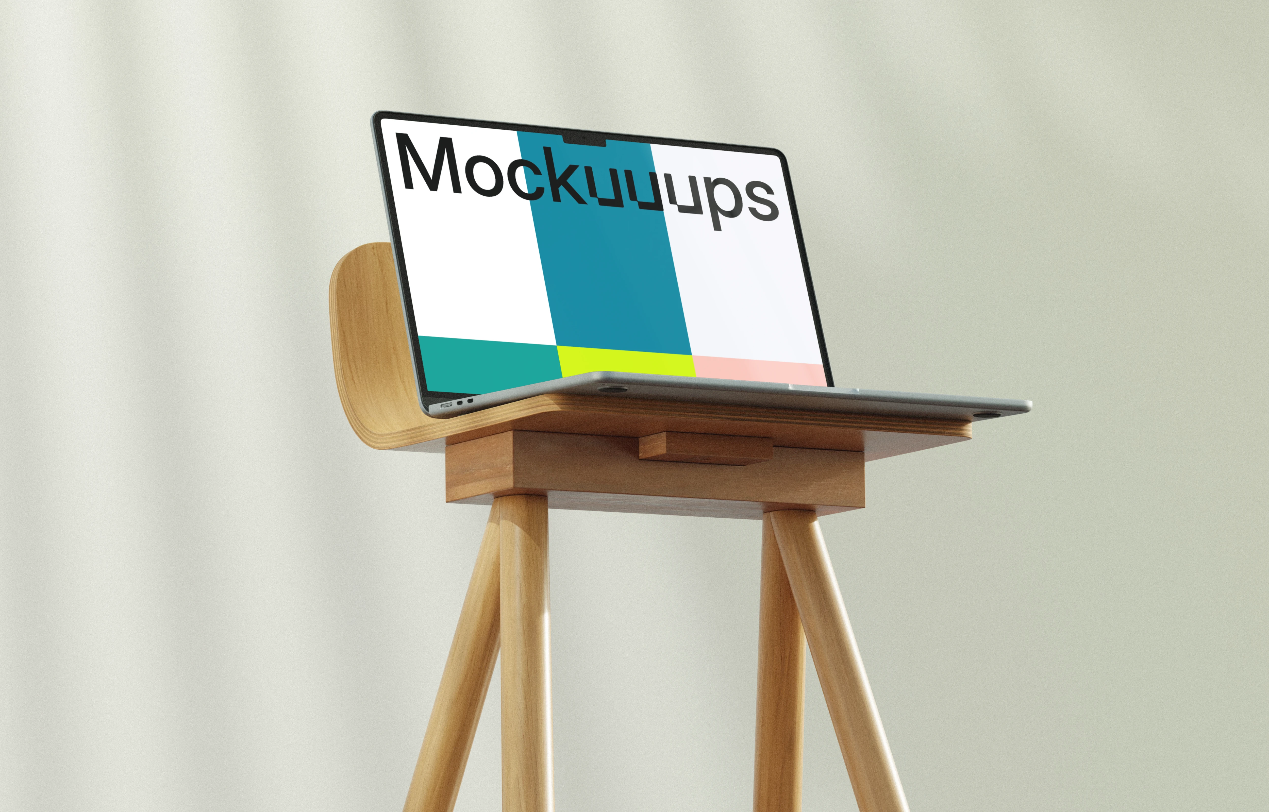 MacBook Air mockup on a wooden stand in soft lighting