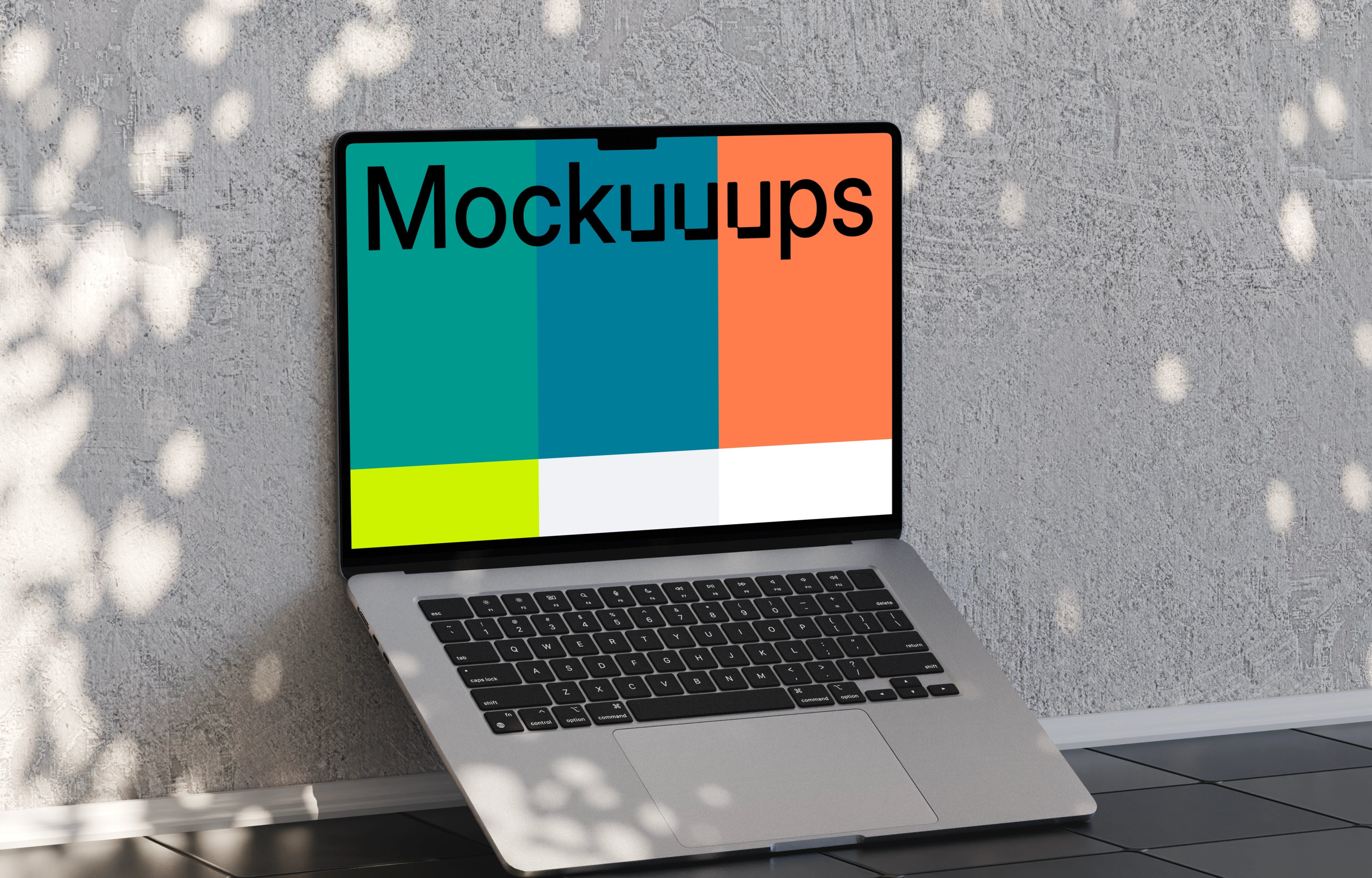 MacBook Air mockup on tiled floor with shadow play