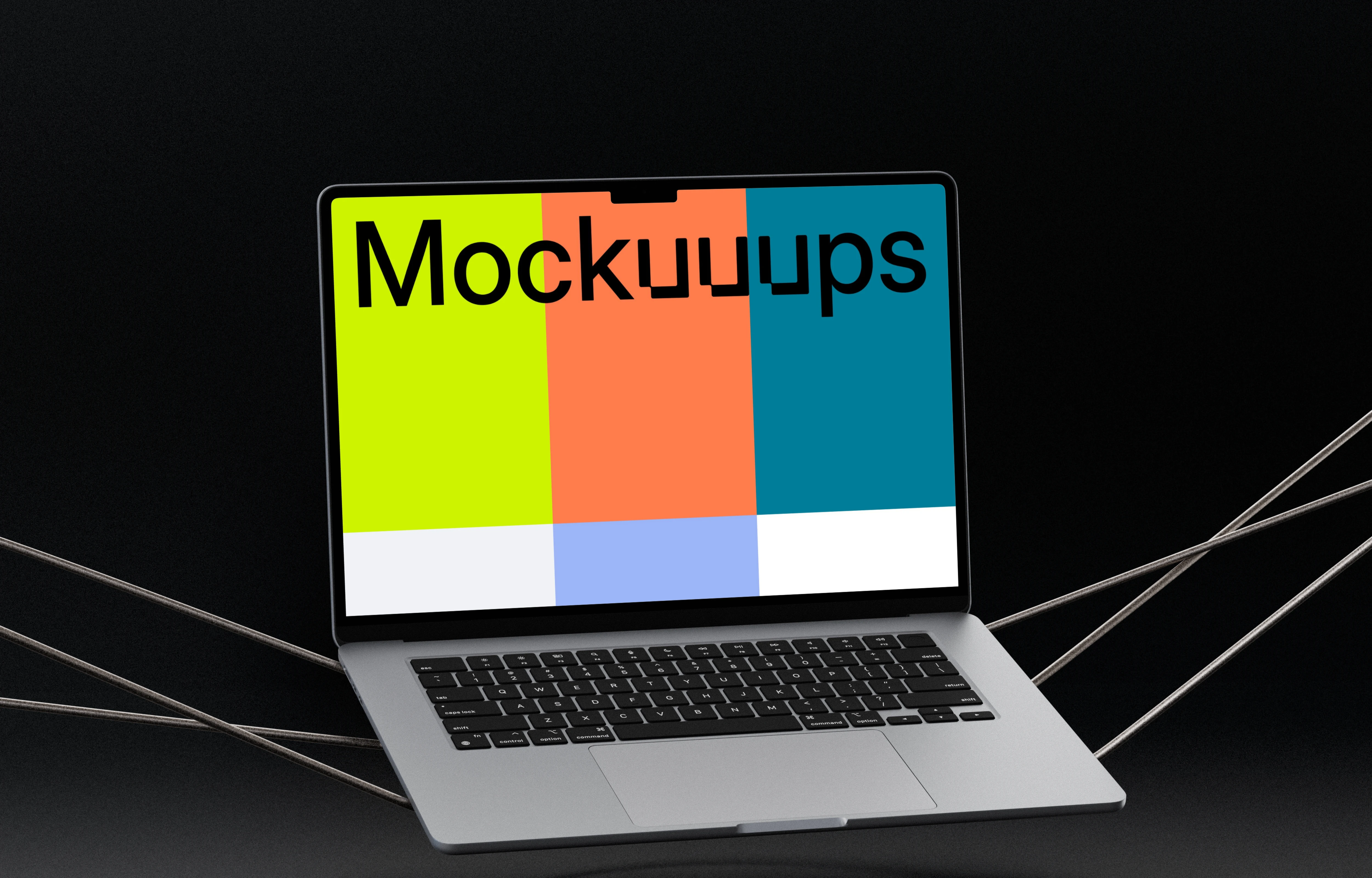 MacBook Air mockup with floating design on a dark background