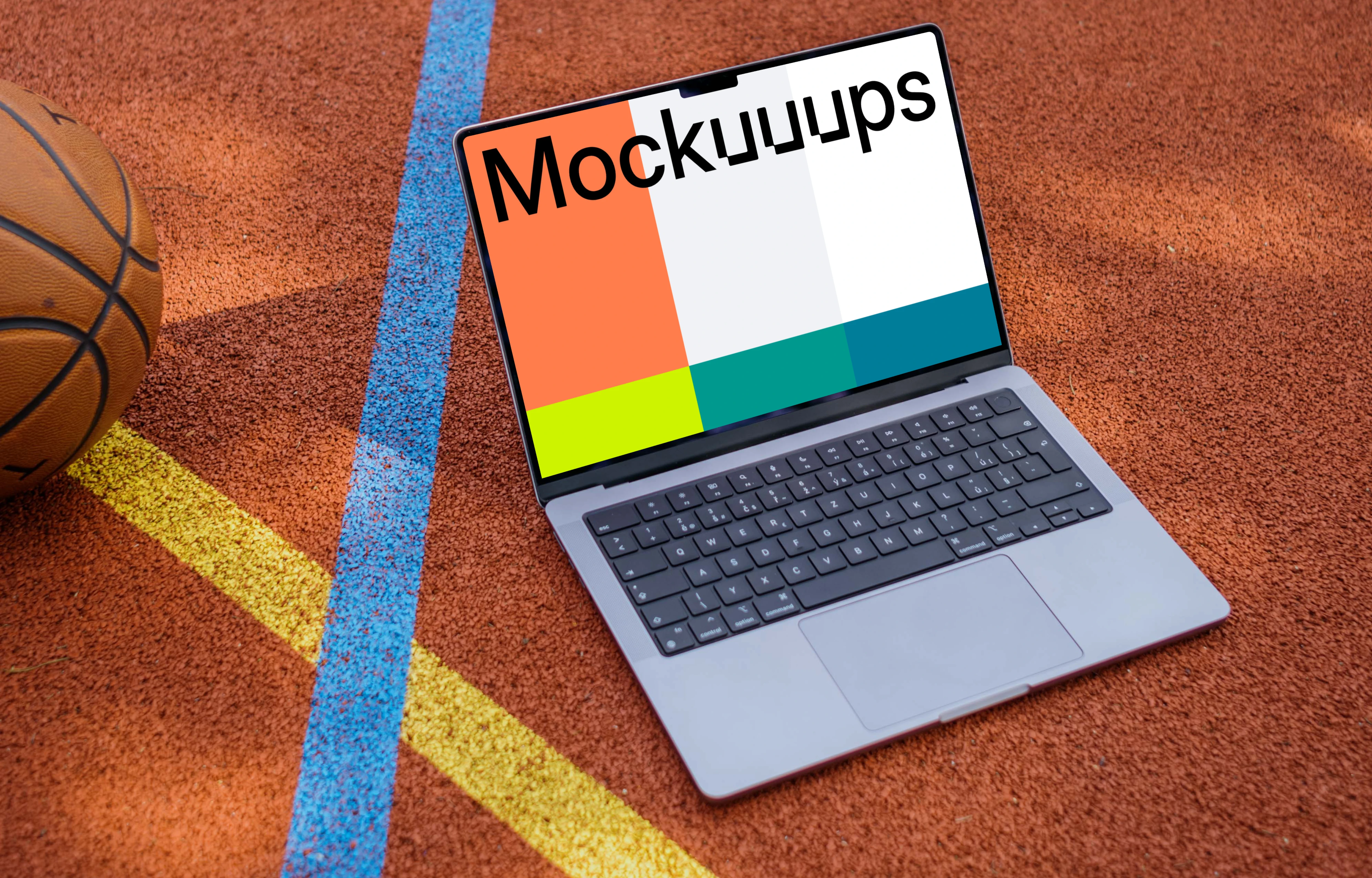 MacBook Pro 14 mockup on a basketball playground