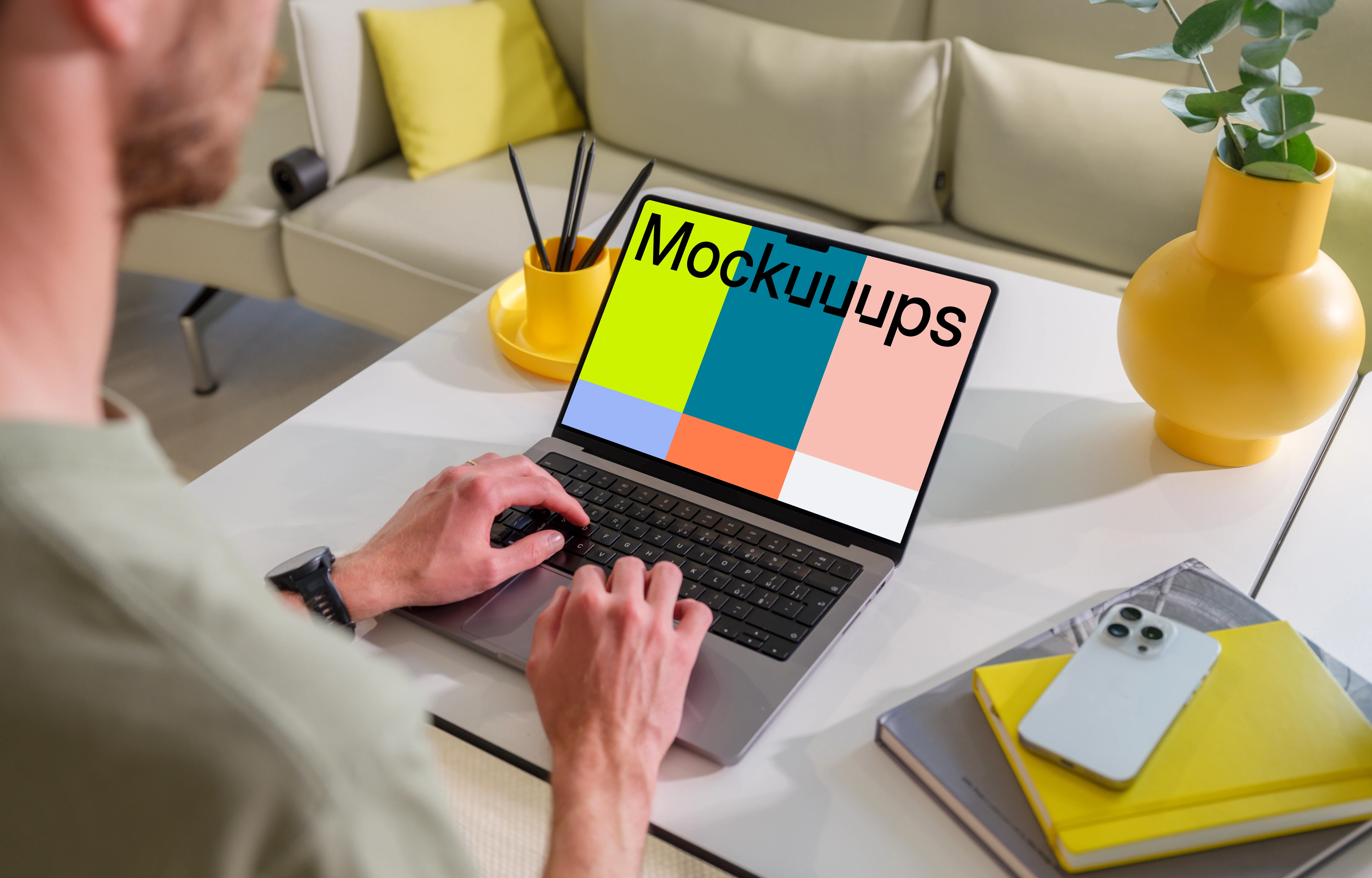 MacBook Pro 14" mockup on modern home office desk