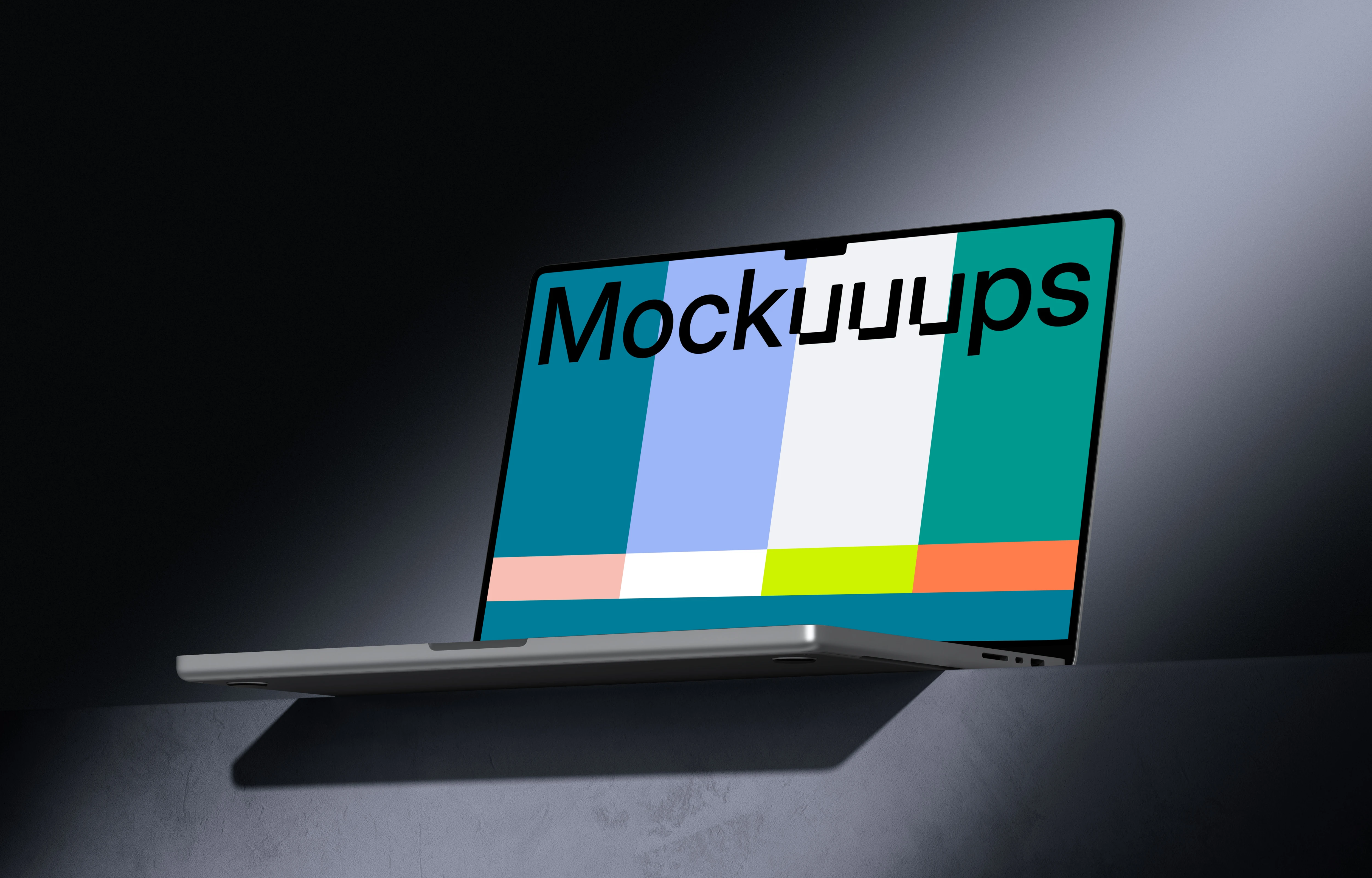 MacBook Pro 16 inch mockup on a textured tabletop with dramatic lighting
