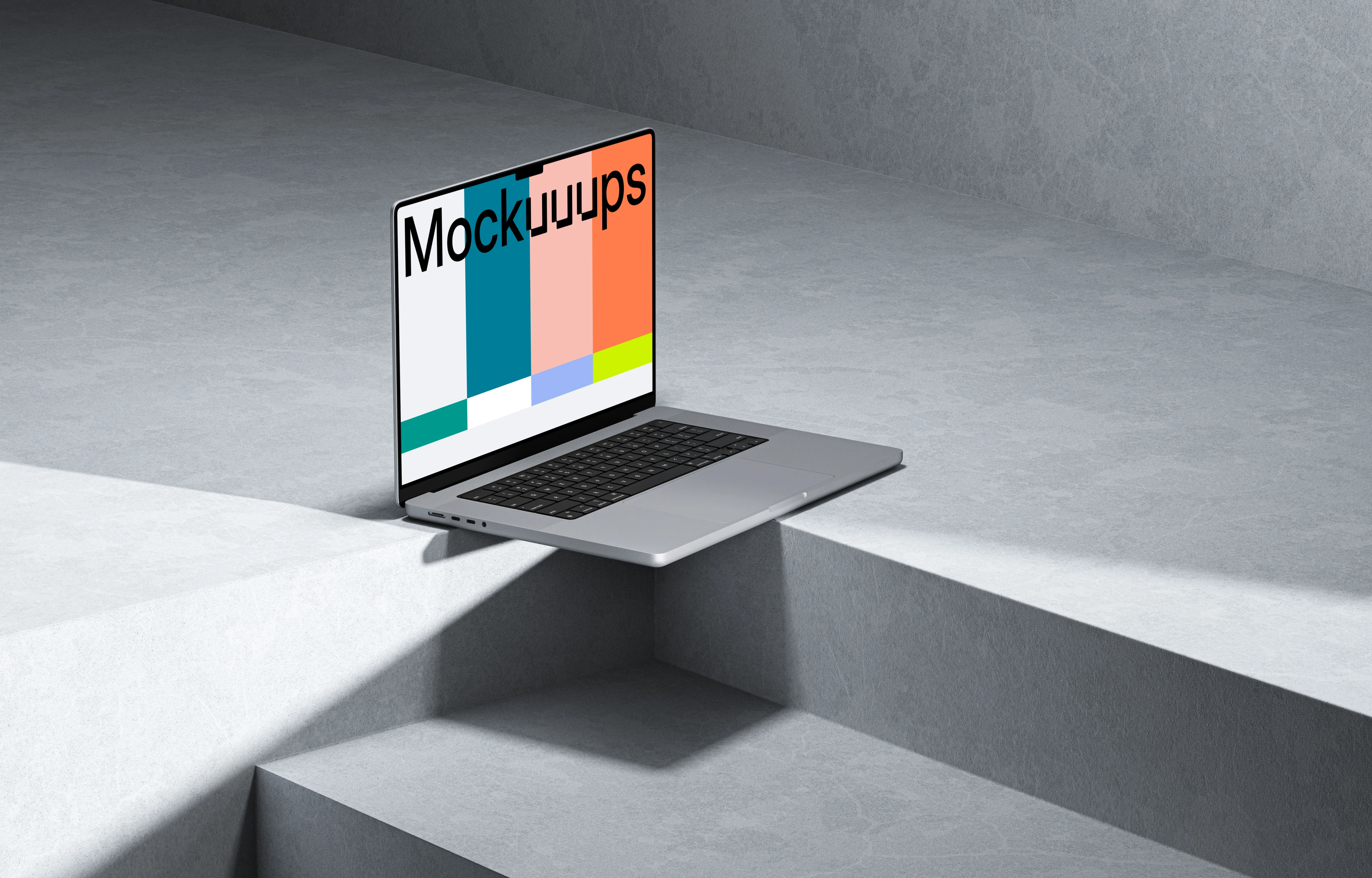 MacBook Pro 16" Mockup on geometric gray steps