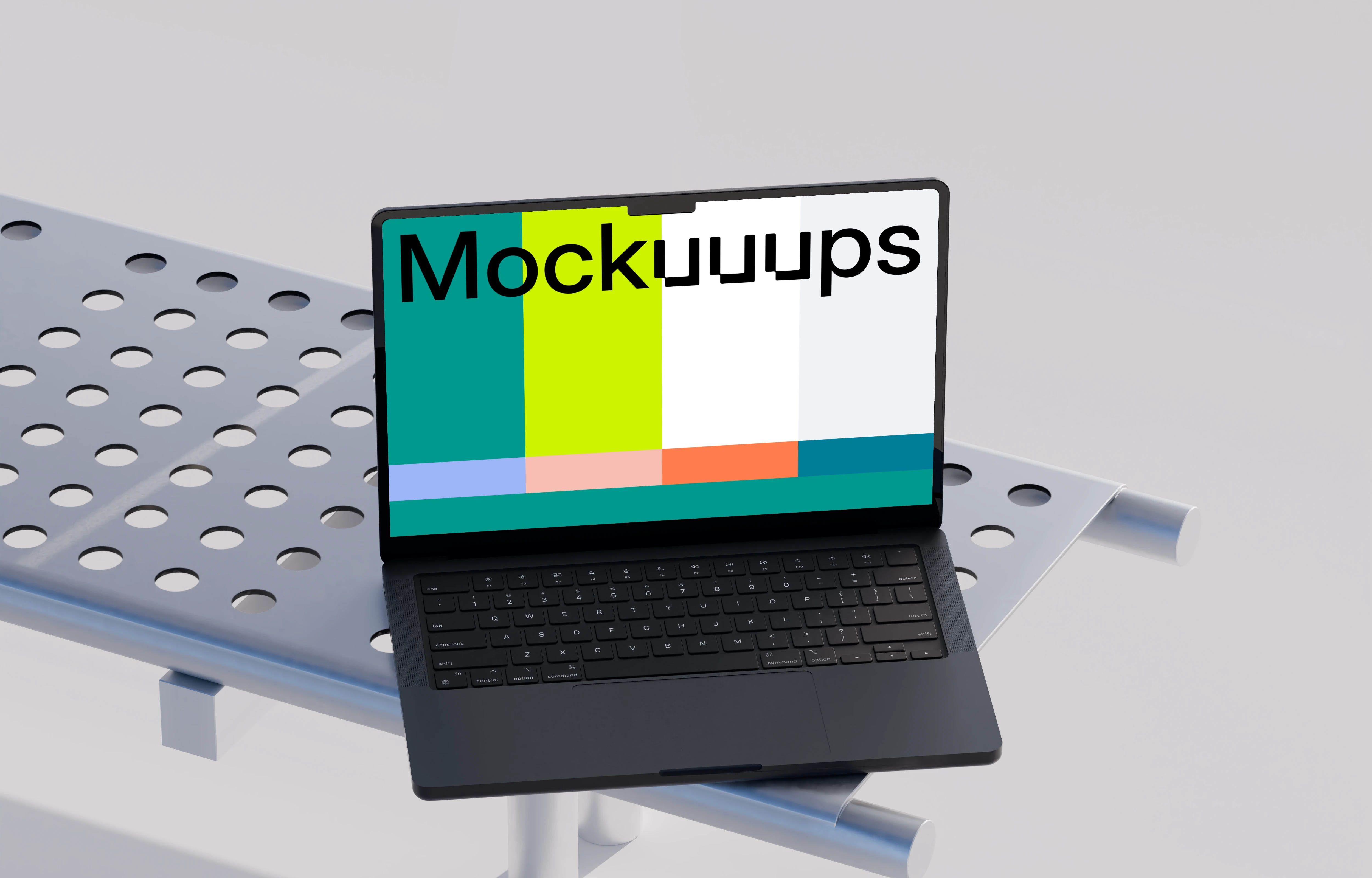 MacBook Pro mockup on a modern metal bench