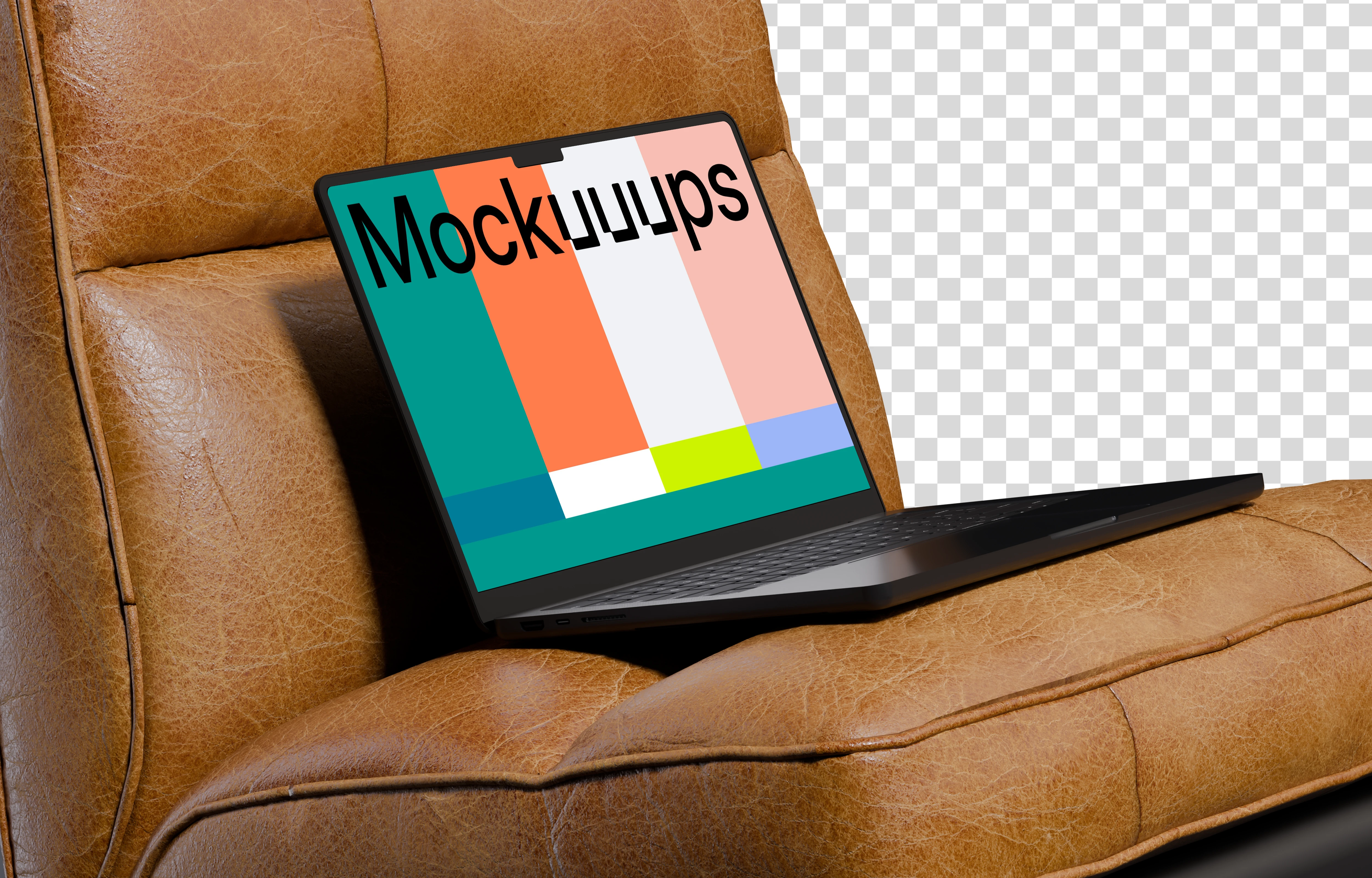 MacBook Pro mockup on a vintage leather sofa