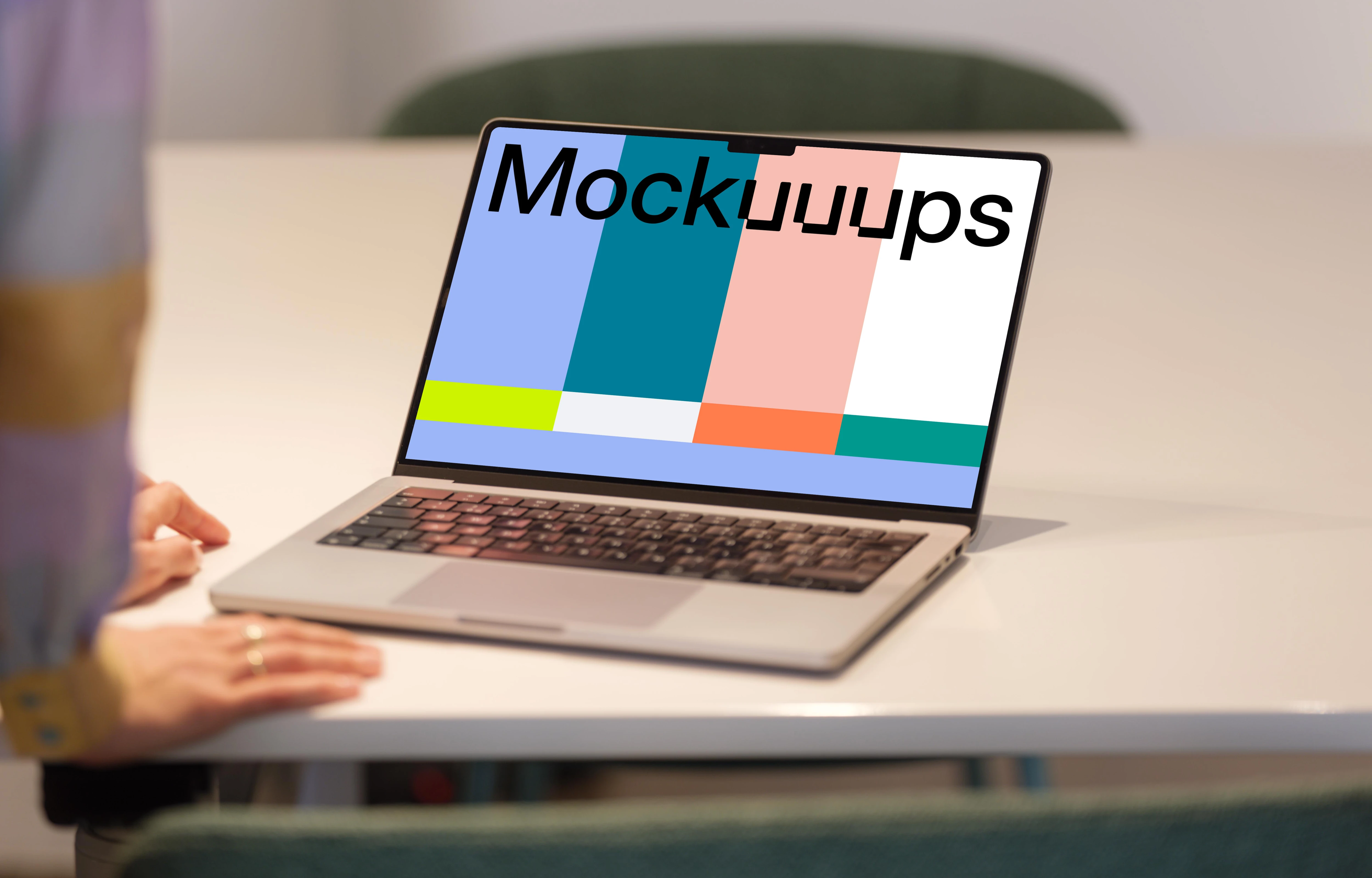 MacBook Pro Mockup on Office Desk with Person in Background