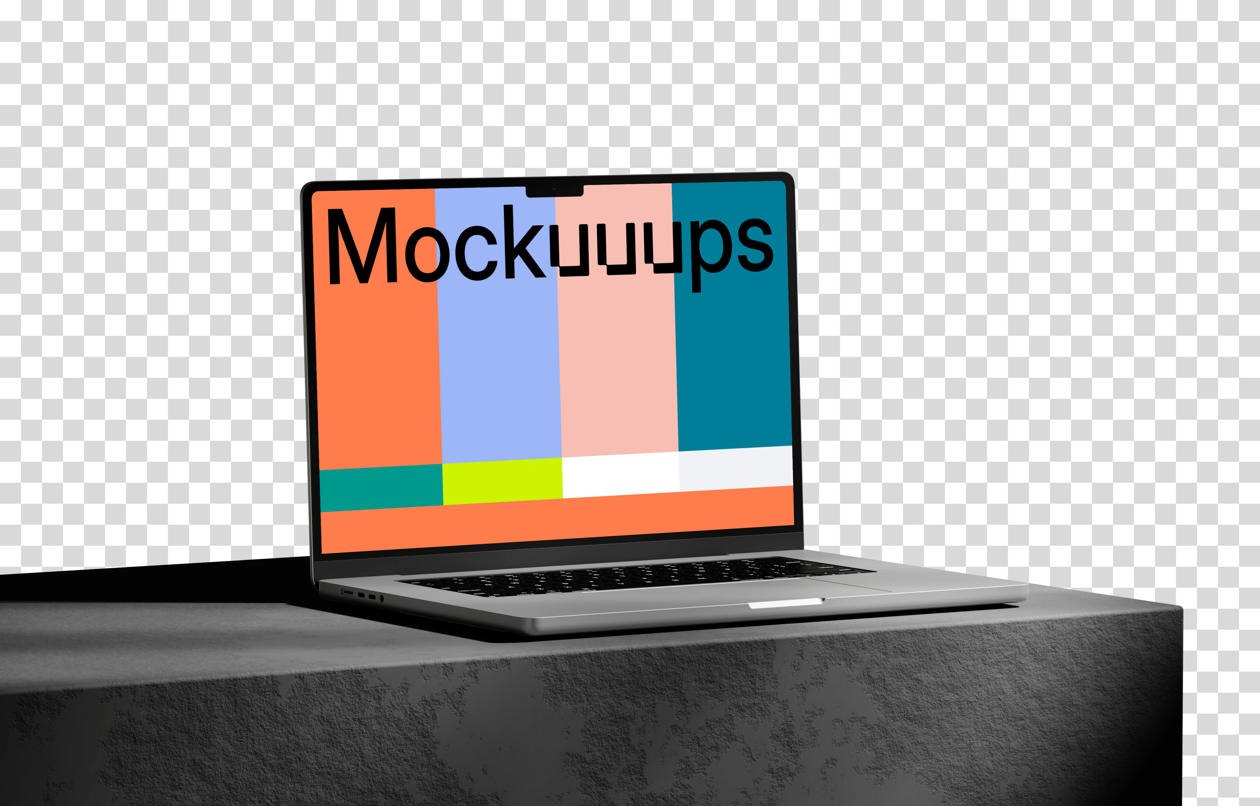 MacBook Pro mockup on textured rock platform with dramatic shadow