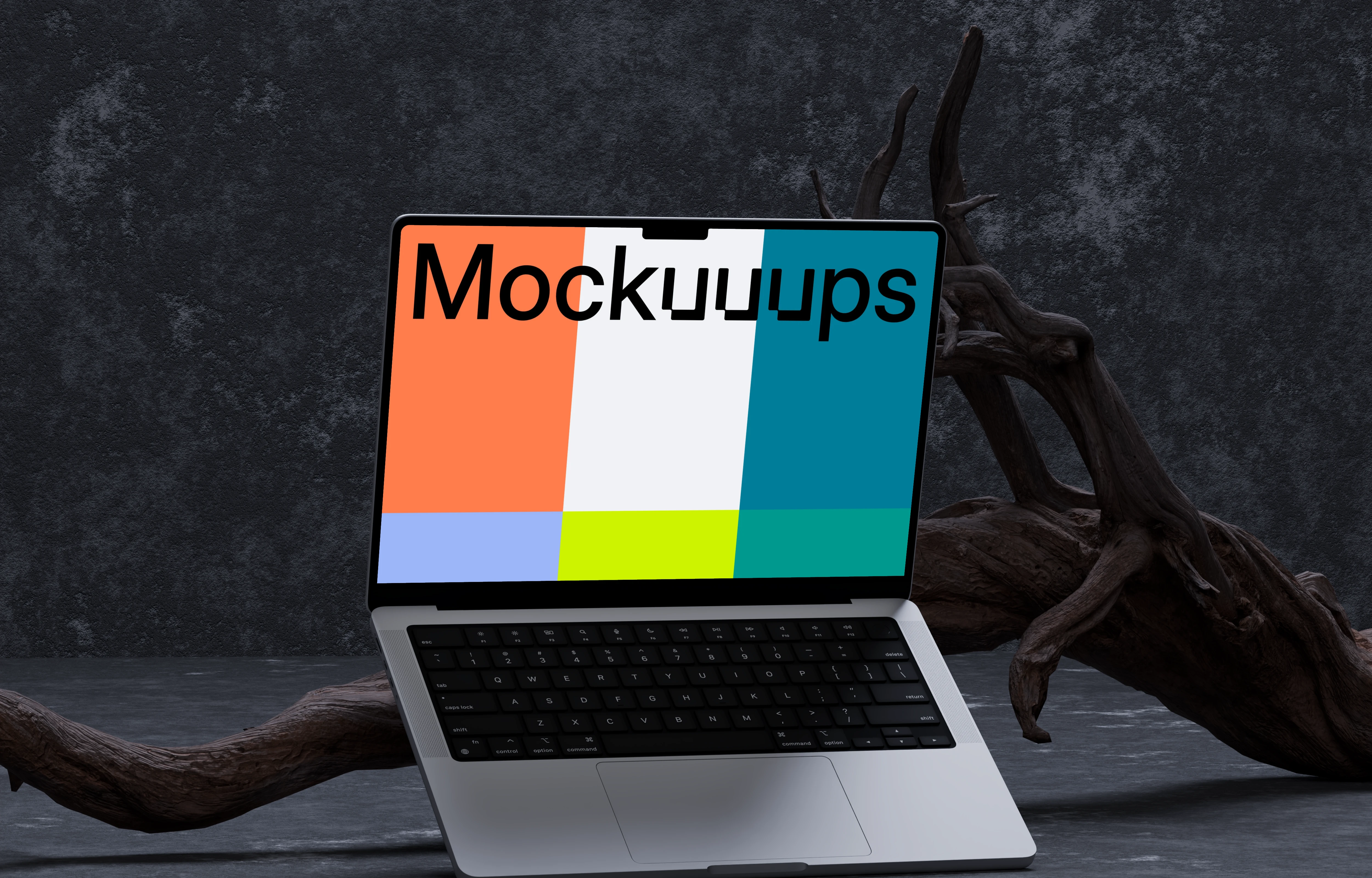 MacBook Pro mockup with artistic wooden element