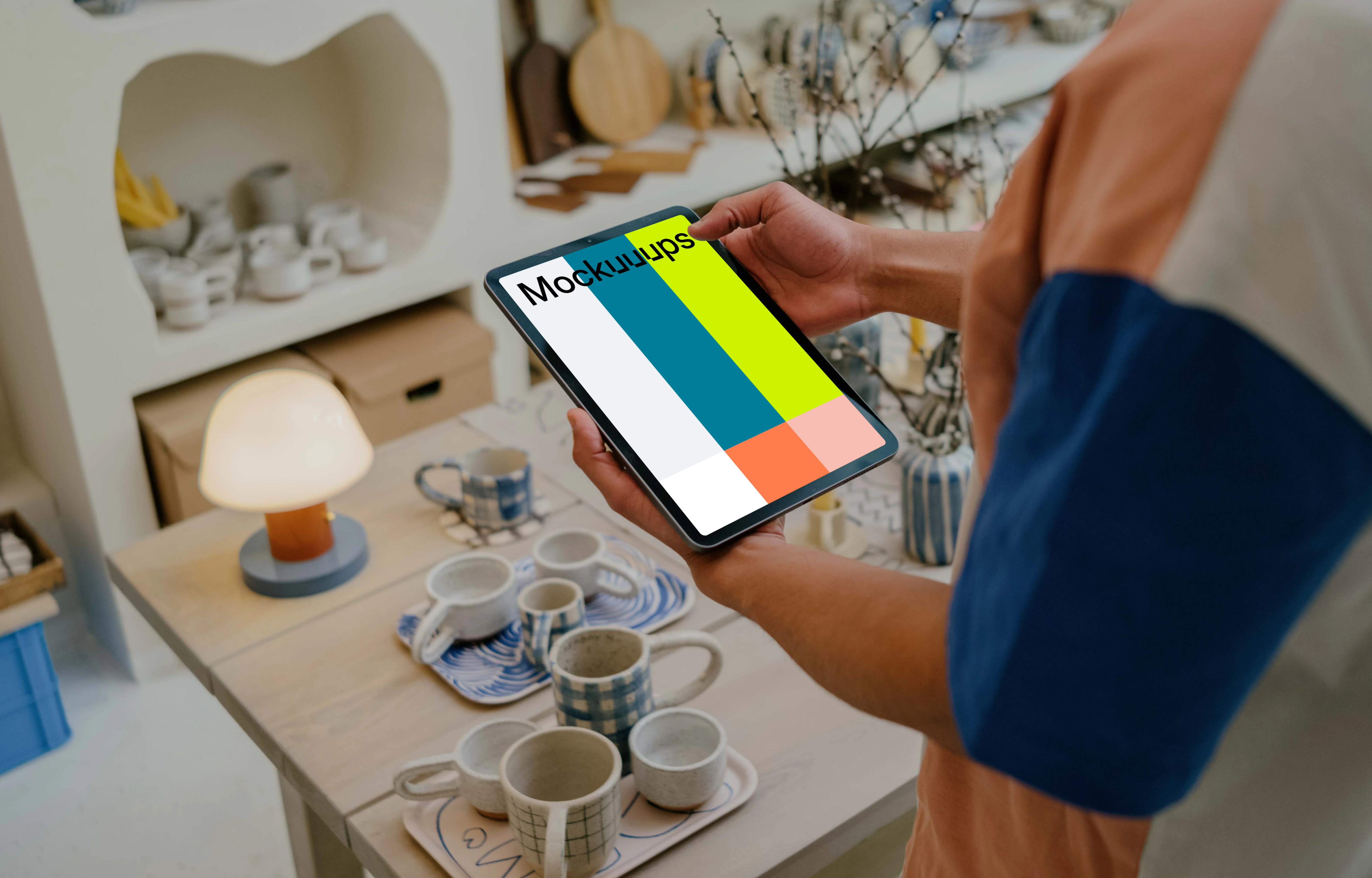 Male hands holding a tablet mockup